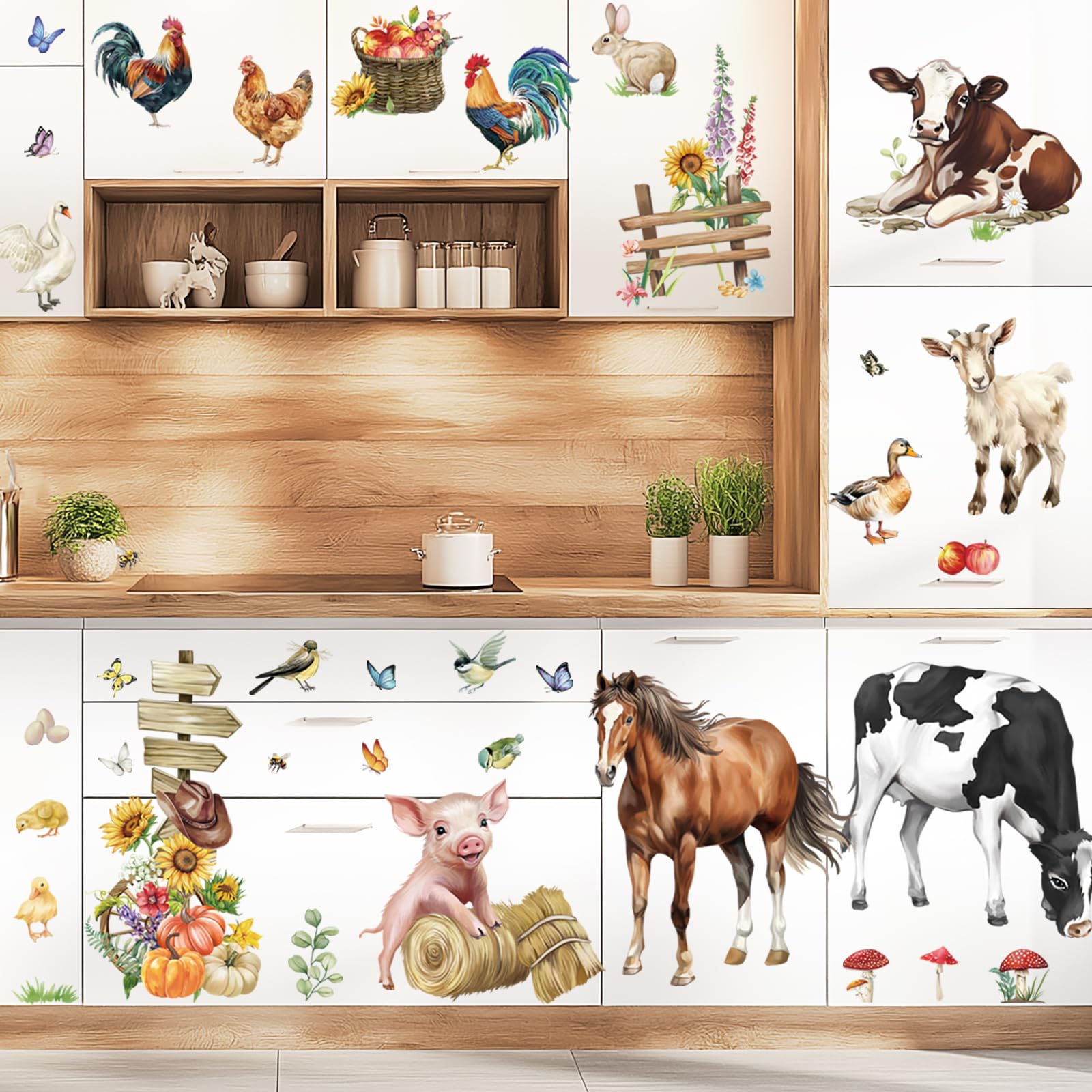 wondever Farm Animals Cow Horse Wall Stickers Farmhouse Roosters Peel and Stick Wall Art Decals for Kitchen Dining Room Kids Room - Image 2