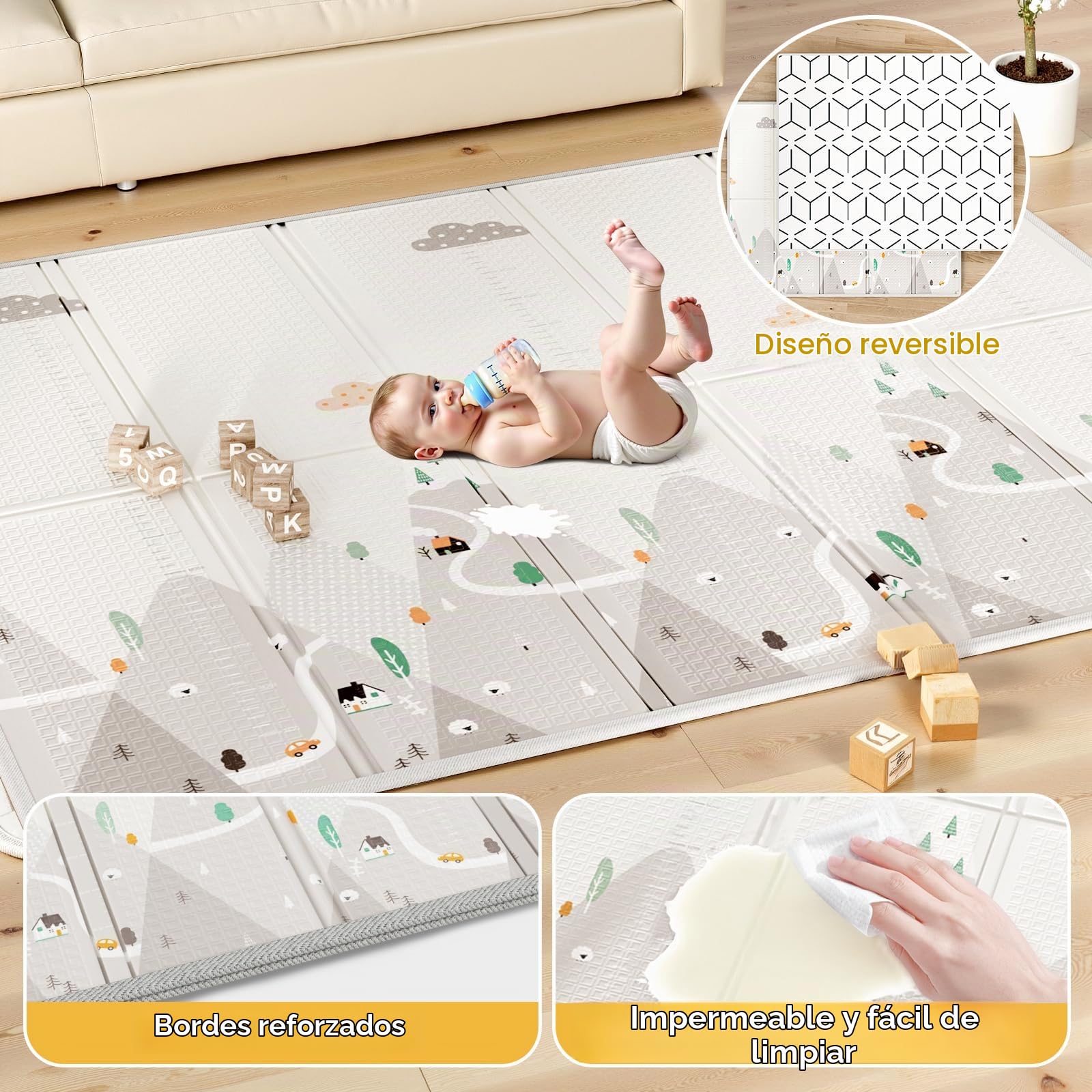Parque infantil Bebe con Acolchado 150x180cm | Corralito Bebe con Suelo Acolchado, Base Estable, Tela Transpirable y Sin Toxicos Seguro, Beige