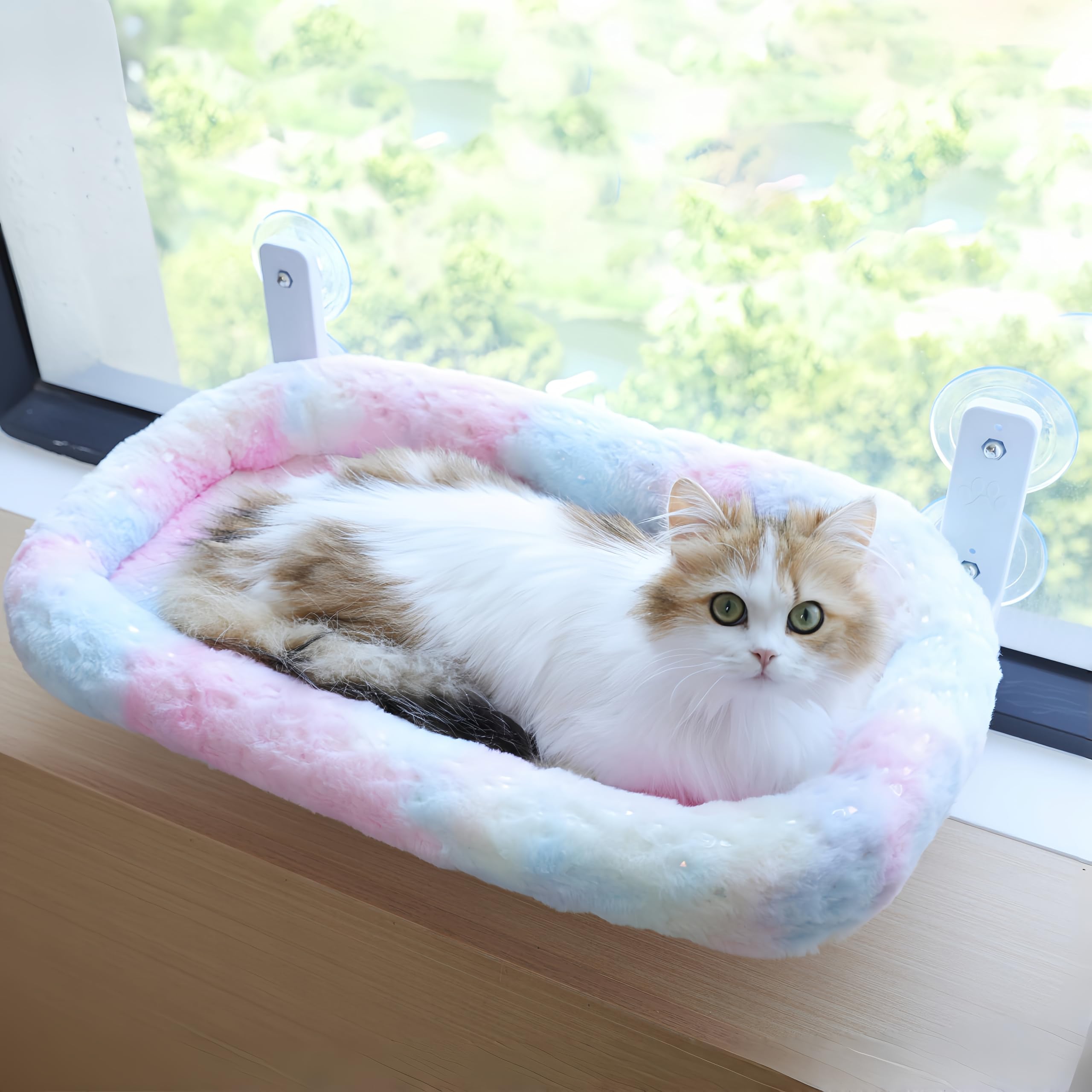 Cat Window Perch, Sturdy Cat Hammock with Strong Suction Cups for Large Heavy Cats, Gradient Color Shiny Fabic with Cushioned Border, Cute Window Bed Seat for Cats Inside with Movable Toy Hooks (XL)