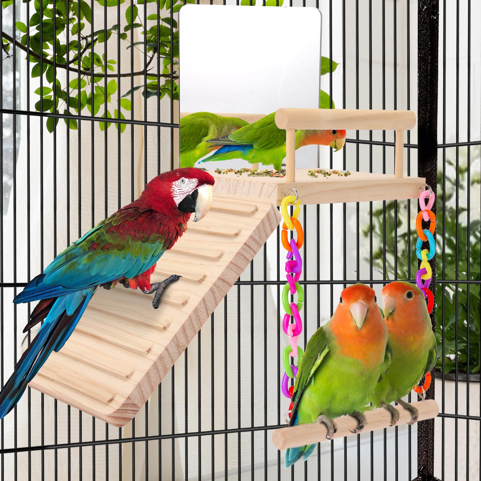 KyoukiBird Perch Platform Bird Toys with Bird Mirror Climbing Ladder Swing, Parakeet Cage Accessories - for Cockatiels, Lovebirds, Budgies,Pacific Parrotlets,Finch,Canaries - Wooden Play Gym