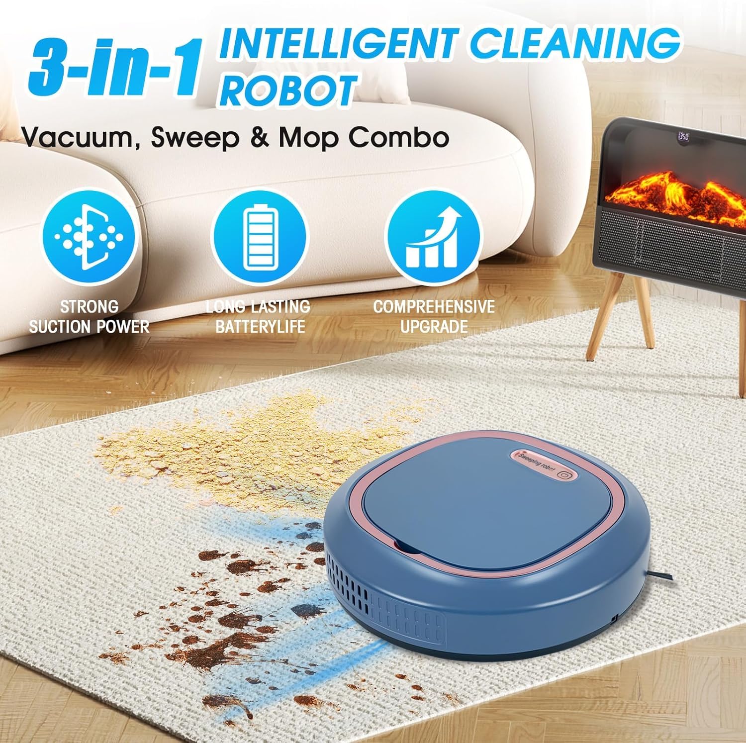 3-in-1 Robot Vacuum Mop Combo with Auto Obstacle Avoidance - Smart Floor Cleaner, Touch Control, Ultra-Quiet 55dB, 60min Runtime for Hardwood/Tile/Marble Floors - Blue