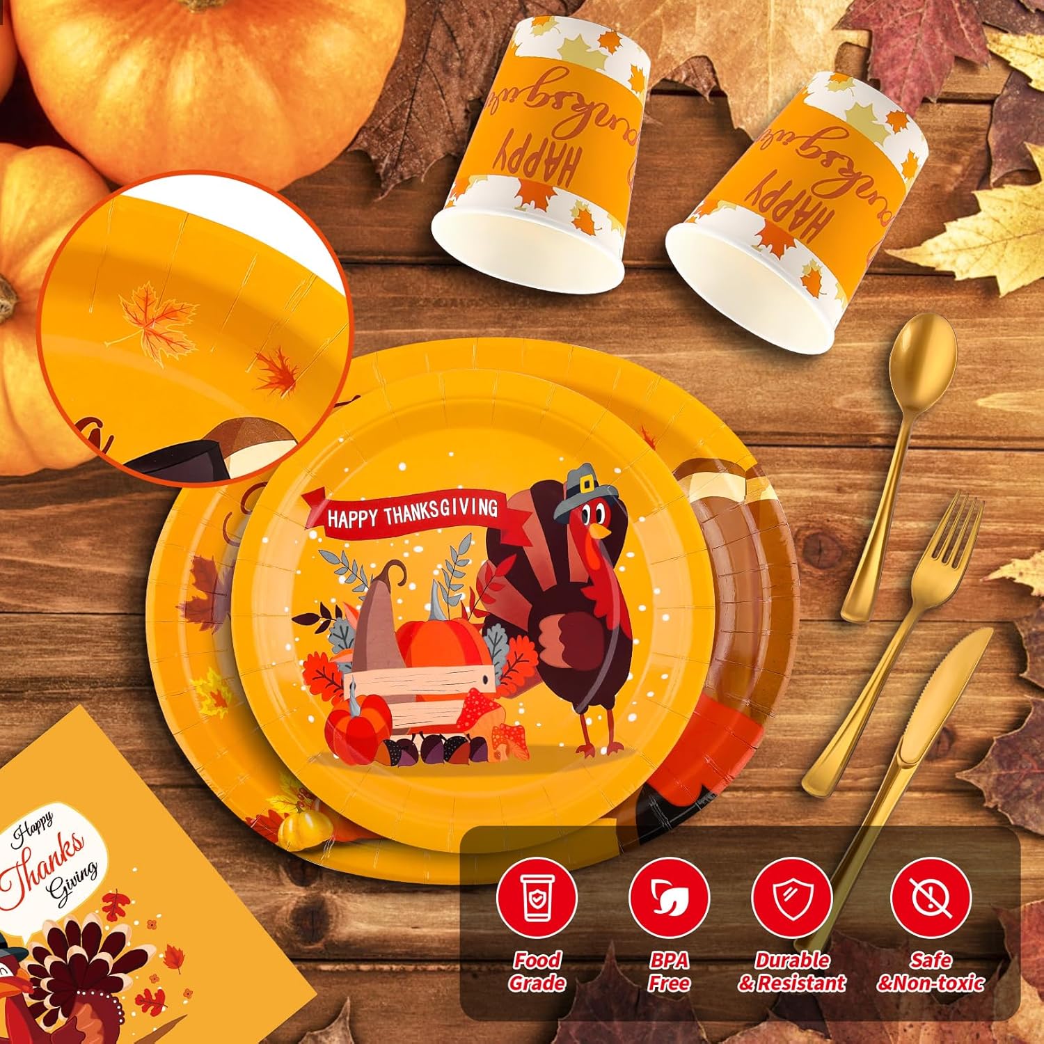 210Pcs Thanksgiving Paper Plates Set -(30 Guests) with 10 * 12inch Oval and 9inch Round Plate,Napkins, Cups, Forks, Knives, Spoons for Thanksgiving Fall Party Supplies