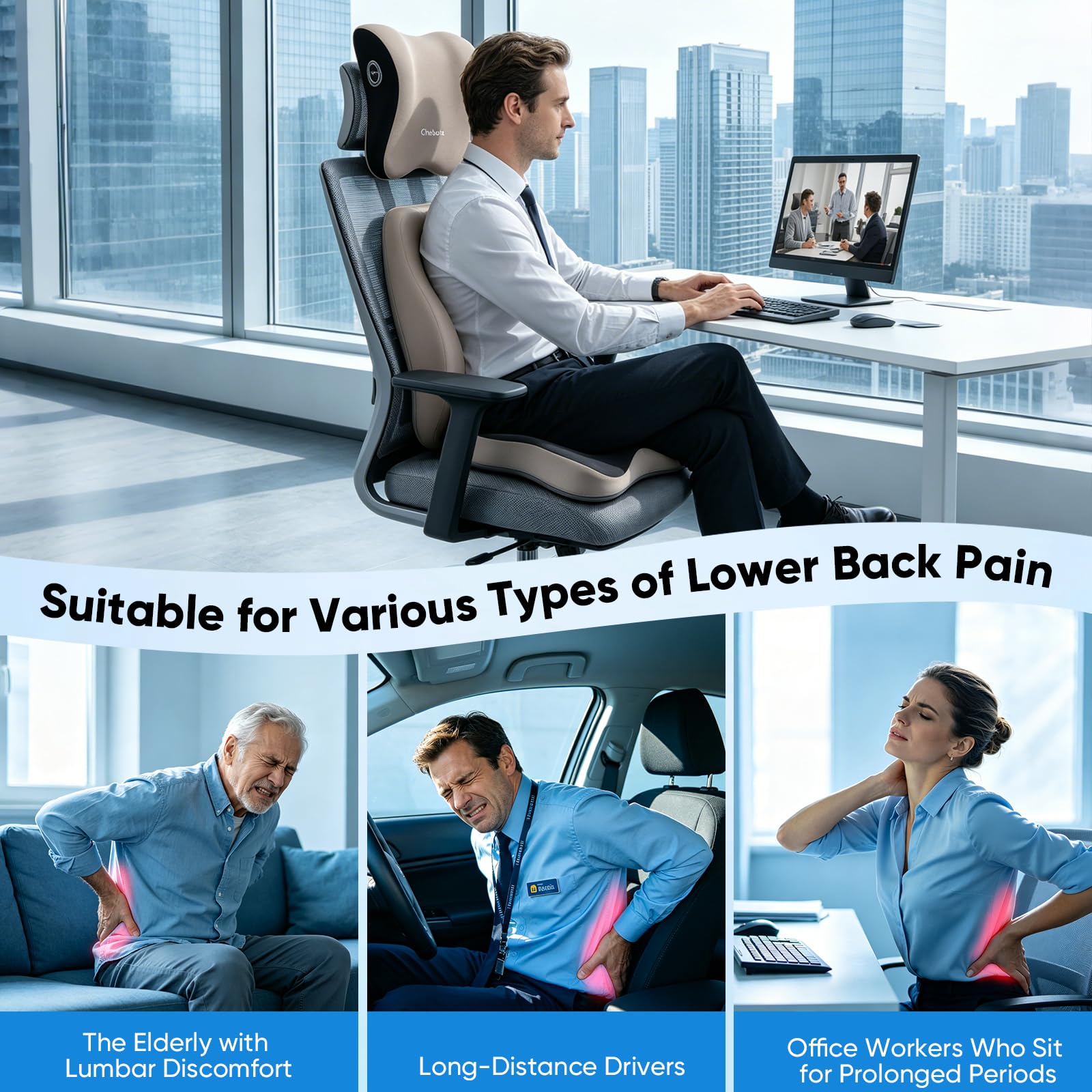 Cojín 3 en 1 para silla de oficina y cojín lumbar para coche y cuello, ergonómico ortopédico de espuma viscoelástica para asiento de coche con soporte lumbar, cojín lumbar para el dolor de espalda
