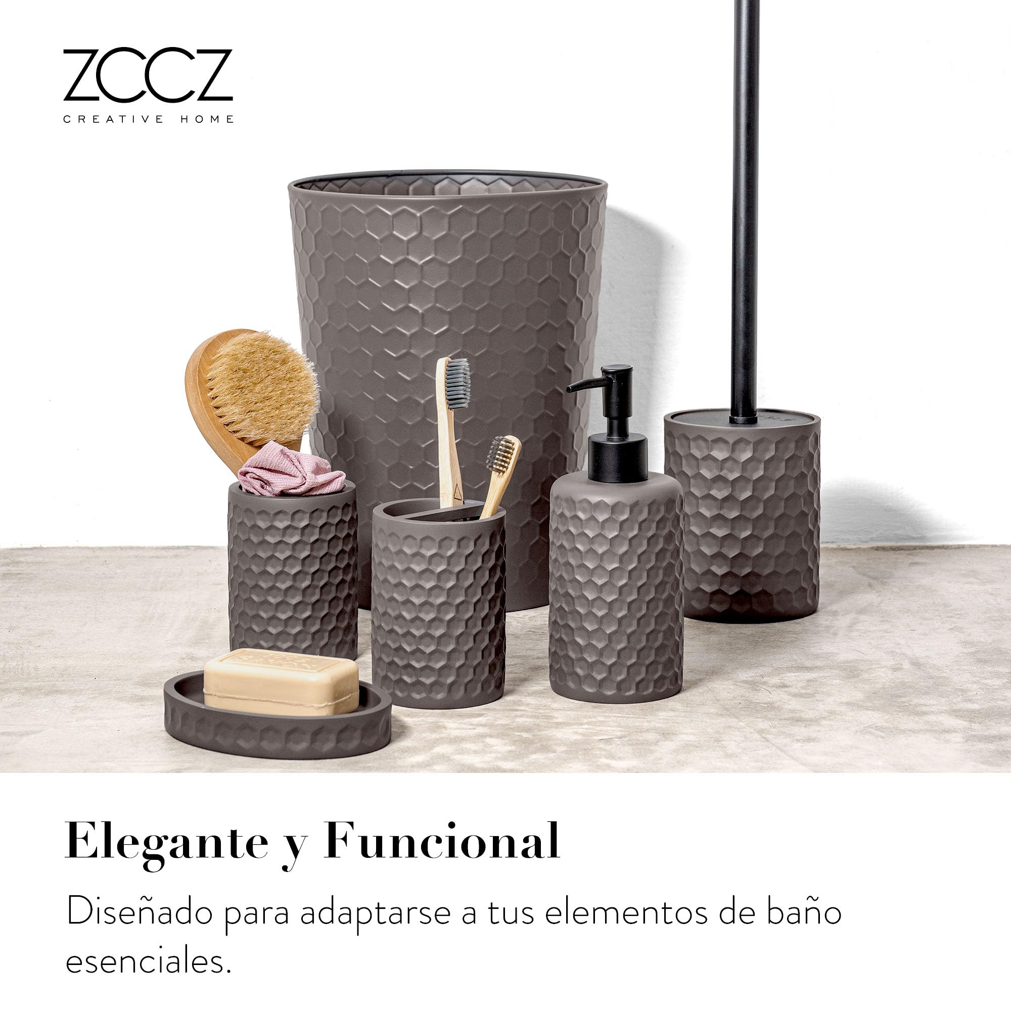 ZCCZ Juego de 6 Piezas de Accesorios de Baño Gris Cálido con Soporte de Cepillo de Dientes, Dispensador de Jabón, Bandeja de Bajón, Cubo Basura, Vaso de Baño y Escobilla, Juego de Baño Completo