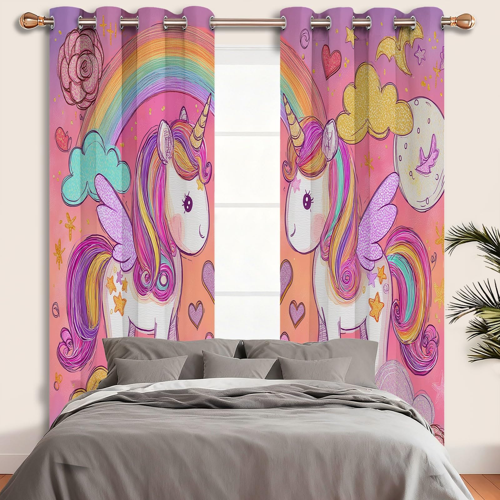 Générique Rideaux Licorne Style Aquarelle pour Chambre d'enfant, Lot de 2 Panneaux 70L X 180H cm - Rideaux Thermiques et Anti-Bruit à Oeillets pour Chambre et Salon Rose
