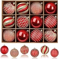 SHareconn 80mm Shatterproof Christmas Baubles, 12-Pack Red & Gold Hanging Ornaments with Lanyard - Safe Plastic Tree Decor for Holiday Parties
