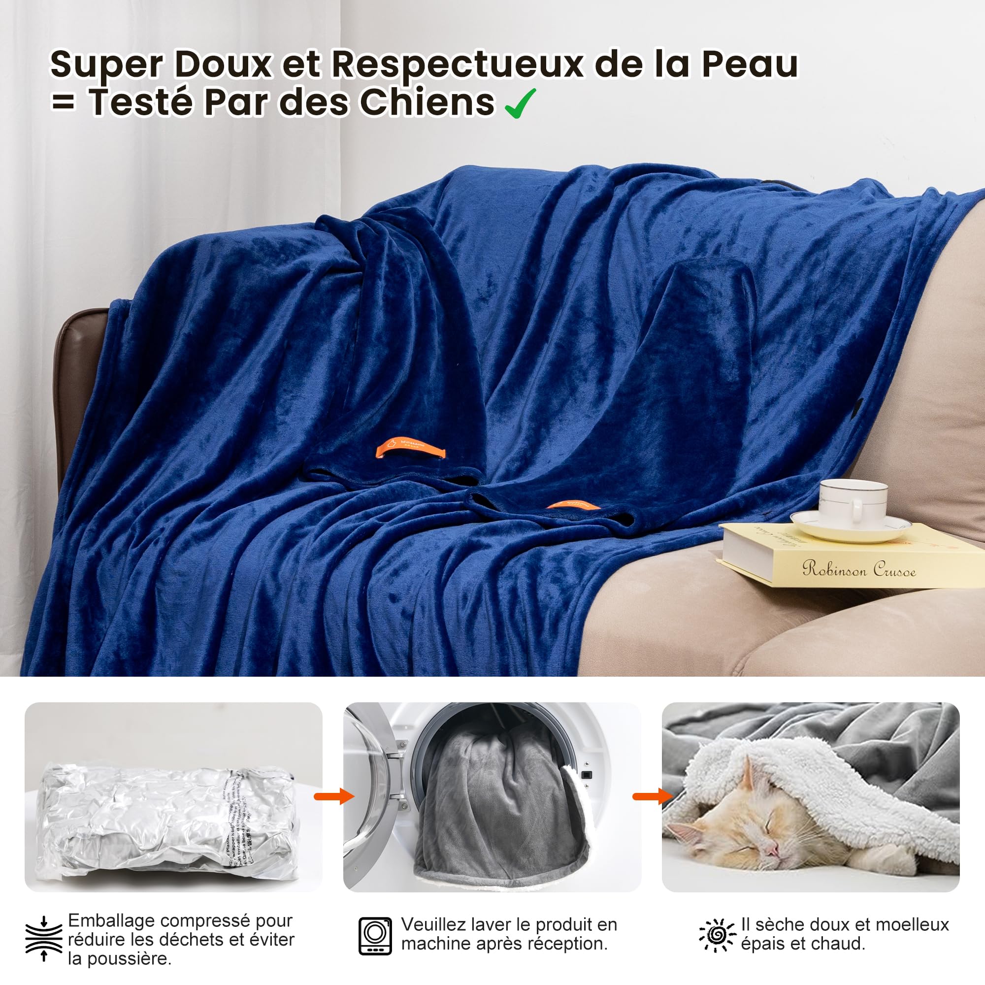 Winthome Plaid à Manche - Couverture avec Manches Douce et Chaude, Blanket Polaire avec Velcro, pour Cadeau, Noel, Femme, Homme, Économisez sur Les Coûts de Chauffage (Bleu Foncé, 140x180cm)