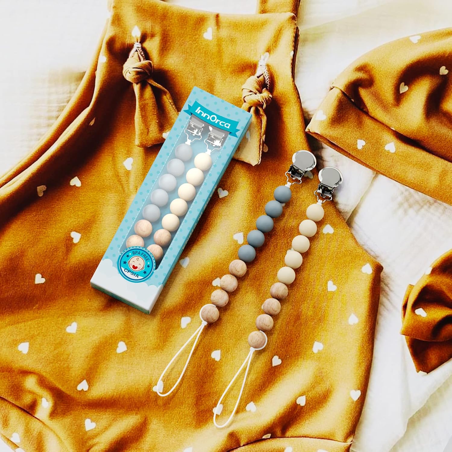 Innorca Silicone Pacifier Clip, Universal Binky Holder Paci Clips Soothie Teether Teething Toys Infant Newborn Essentials Toys, Birthday Baby Shower Gifts Set of 2 (Beige&Stone) : Baby