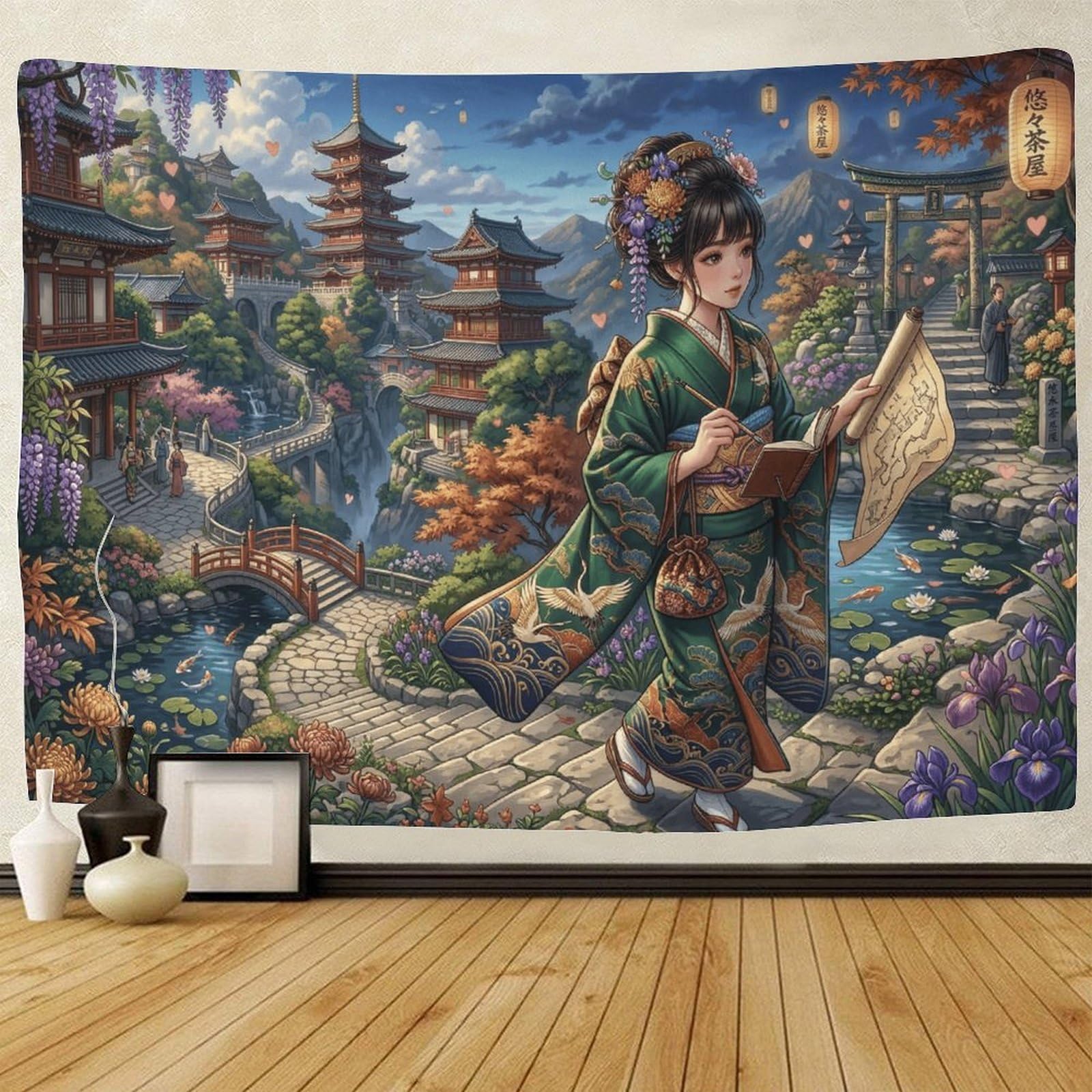 GPMNBCXZK Japanese Geisha 3D printed wall art traditional pagoda home decor for living room bedroom wall tapestry 130cmx150cm