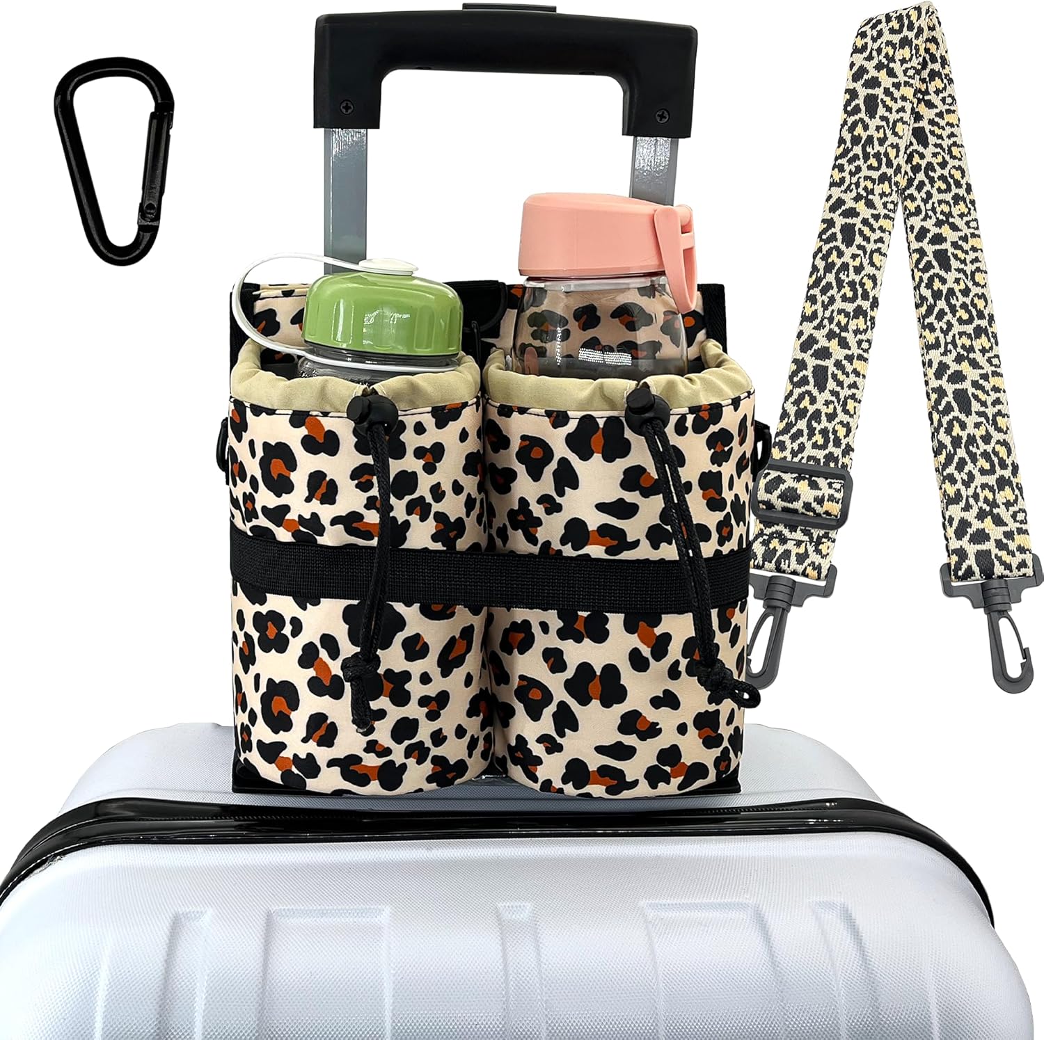 GuirCygne Travel Cup Holder for Luggage – Robust Reliable, Secure Convenient, 2-Cup Capacity, Fit Most Roll-on Suitcases, Heavy-Duty Waterproof Easy to Install, Perfect for Frequent Travelers Leopard