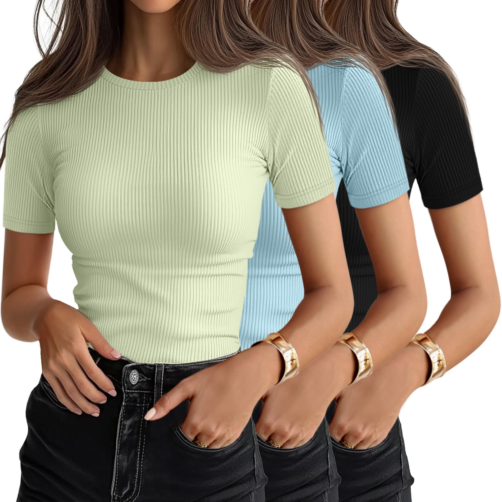 Ficerd 3er-Pack Damen-Rippstrick-T-Shirts, Baumwolle, Kurzarm, Basic-Shirts mit Rundhalsausschnitt, figurbetont, Freizeitshirts, Sommer, trendig(Schwarz, Hellblau, Knospengrün,XL)