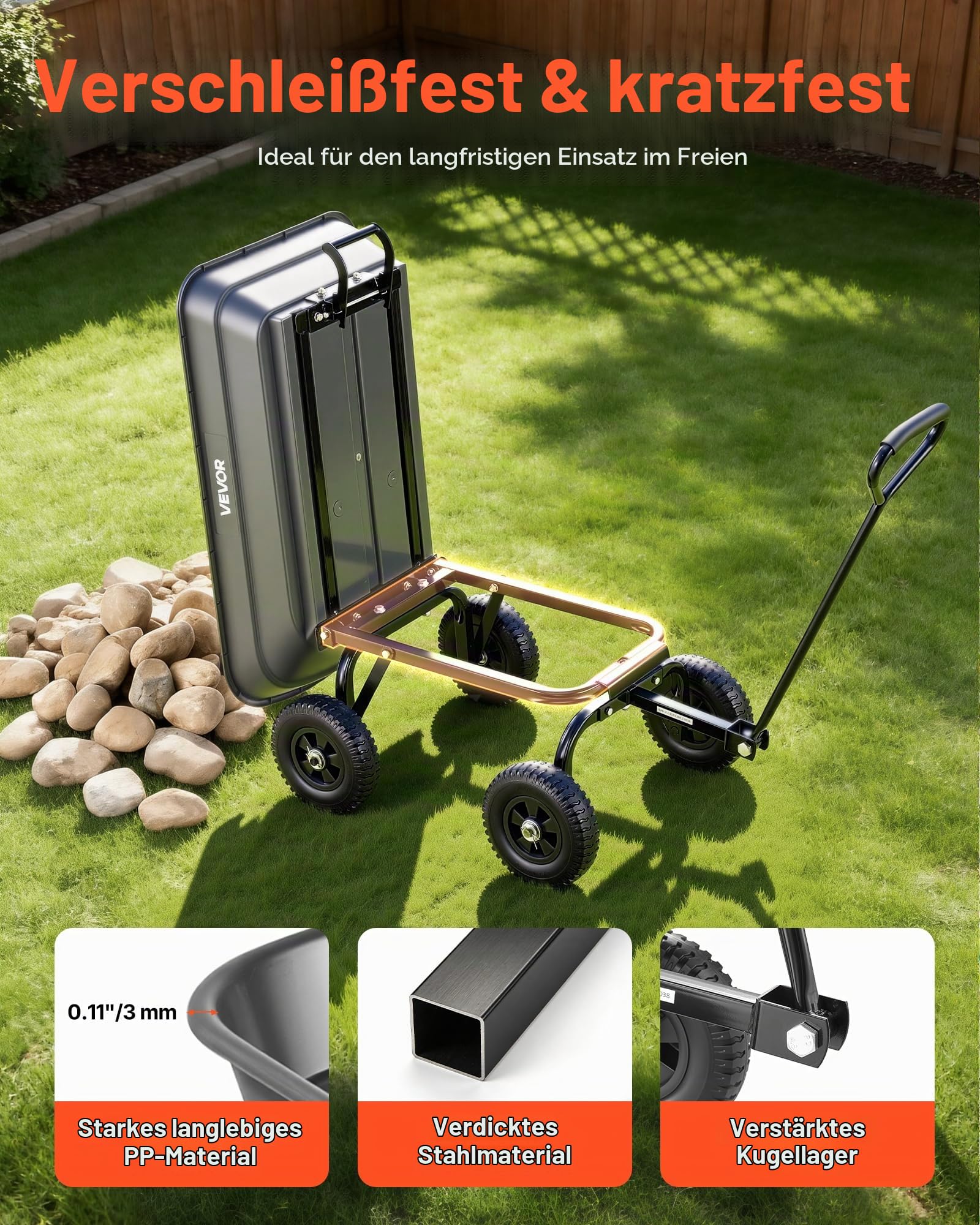 VEVOR Gartenwagen mit Kippfunktion, 181 kg Belastbarer Bollerwagen 270° Drehbarer Transportwagen für Gartenarbeit aus Kunsttoff & Stahl mit 8 Zoll Kunststoffreifen, Kippwagen für Rasen, Kies & Schlamm