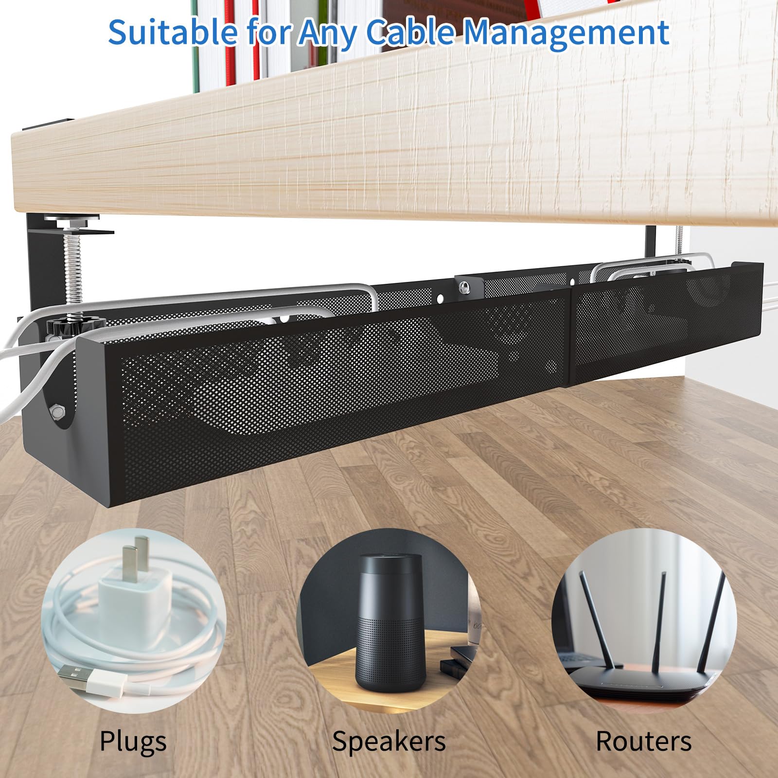Organizador de cables para debajo del escritorio, organizador de cables de metal para debajo del escritorio, bandeja de gestión de cables, no daña el escritorio (negro)