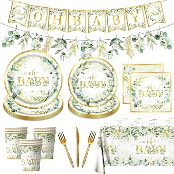 Sage Greenery Baby Shower Plates and Napkins Tableware Set Gender Neutral Baby Shower Decorations Oh Baby Plates and Cups and Napkins Sets Serves 24 for Baby Girl Boy Shower Decorations