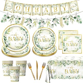 Sage Greenery Baby Shower Plates and Napkins Tableware Set Gender Neutral Baby Shower Decorations Oh Baby Plates and Cups and Napkins Sets Serves 24 for Baby Girl Boy Shower Decorations