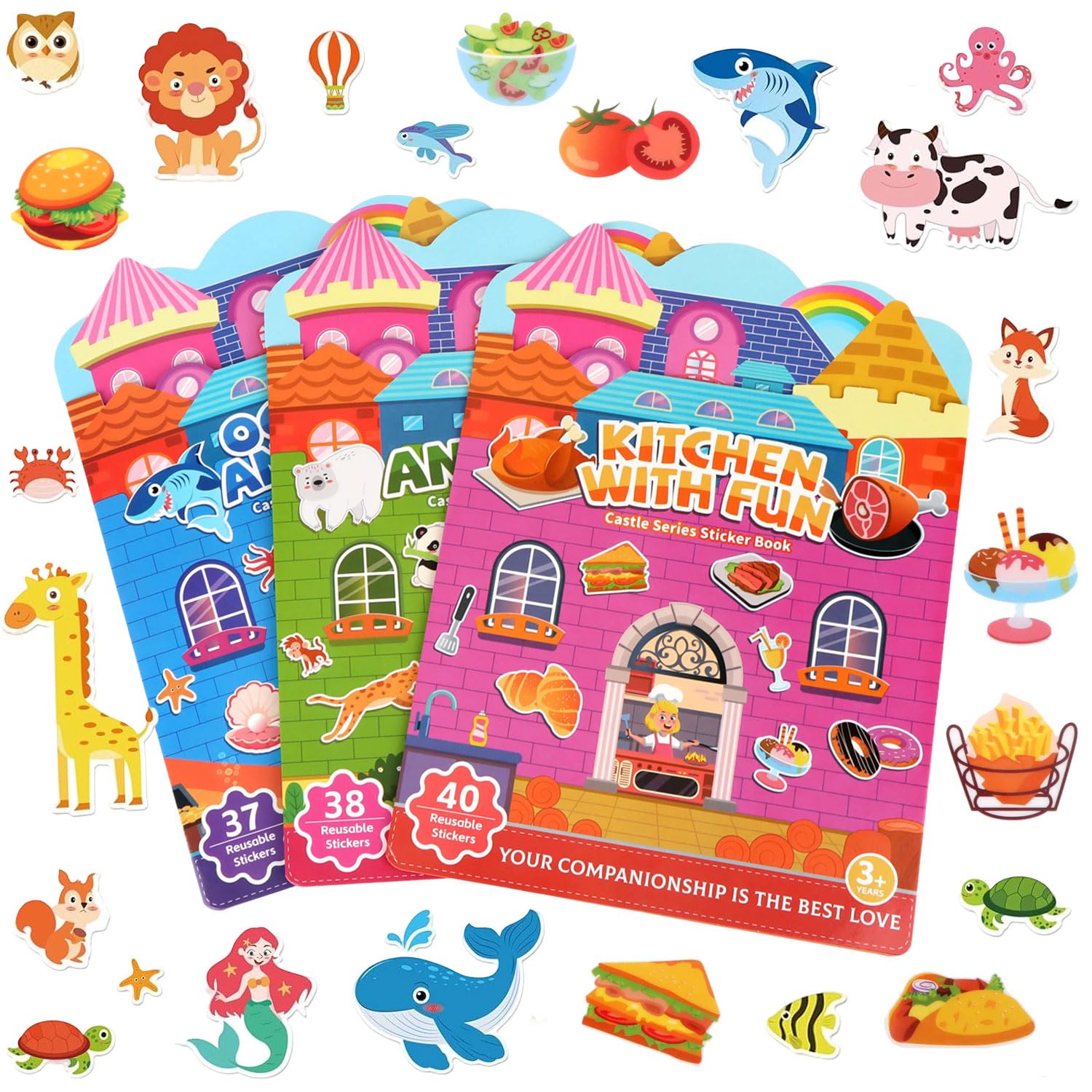 MOTIBACK 3 Pack Reusable Castle Sticker Books with Jelly Material for Kids Cute Waterproof Animal