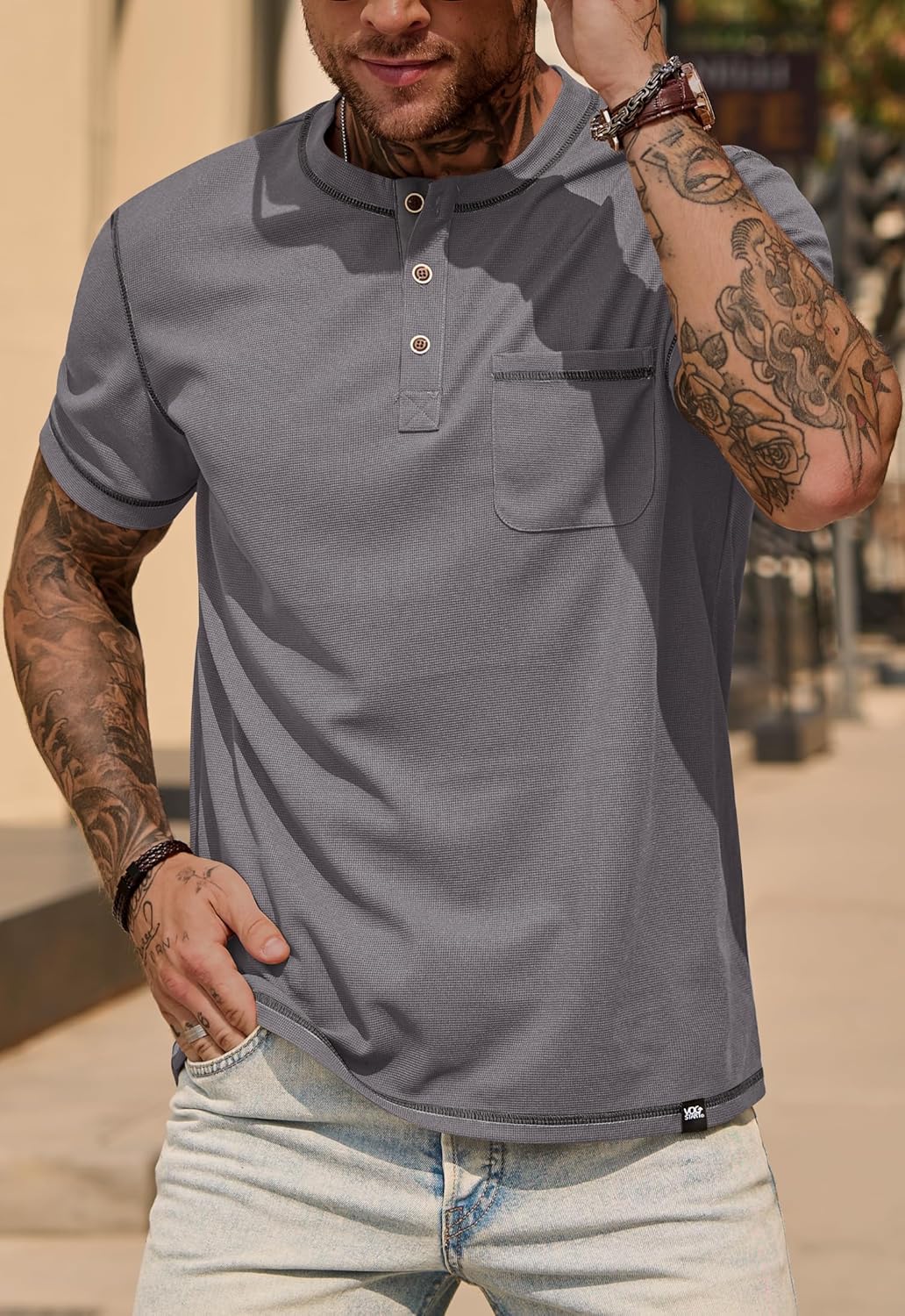 Mens Henley Shirts Casual Waffle Stretch Summer T-Shirt with Pocket (S-XXL) - Image 3