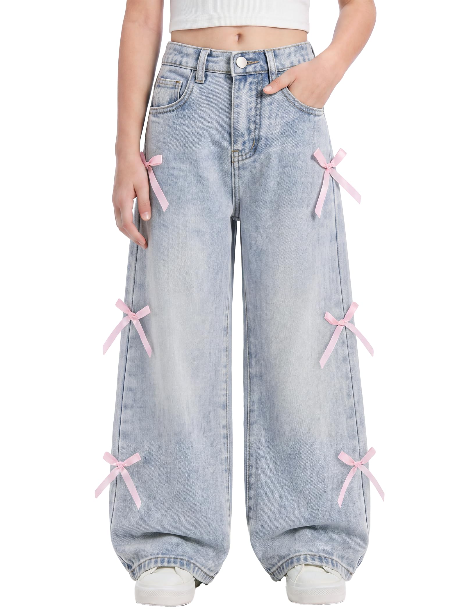 PATPAT Mädchen-Jeans mit Schleife und weitem Bein, niedlicher elastischer