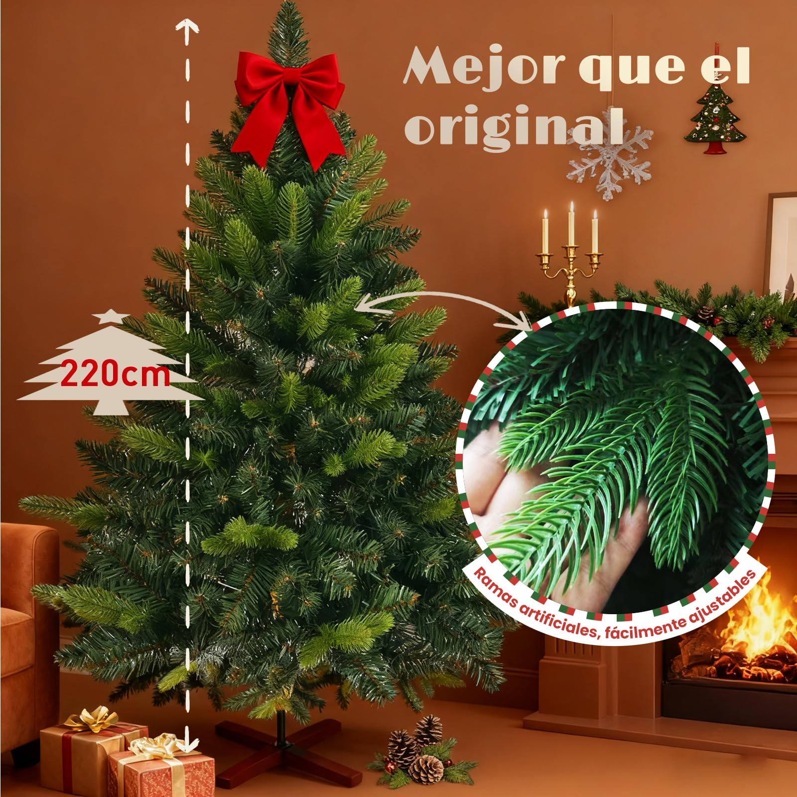 Arbol de Navidad Artificial 220cm - Árbol de Navidad Frondoso y Realista, Fabricado Mediante Inyección, Christmas Tree con Soporte de Madera y Bolsa para Guardarlo