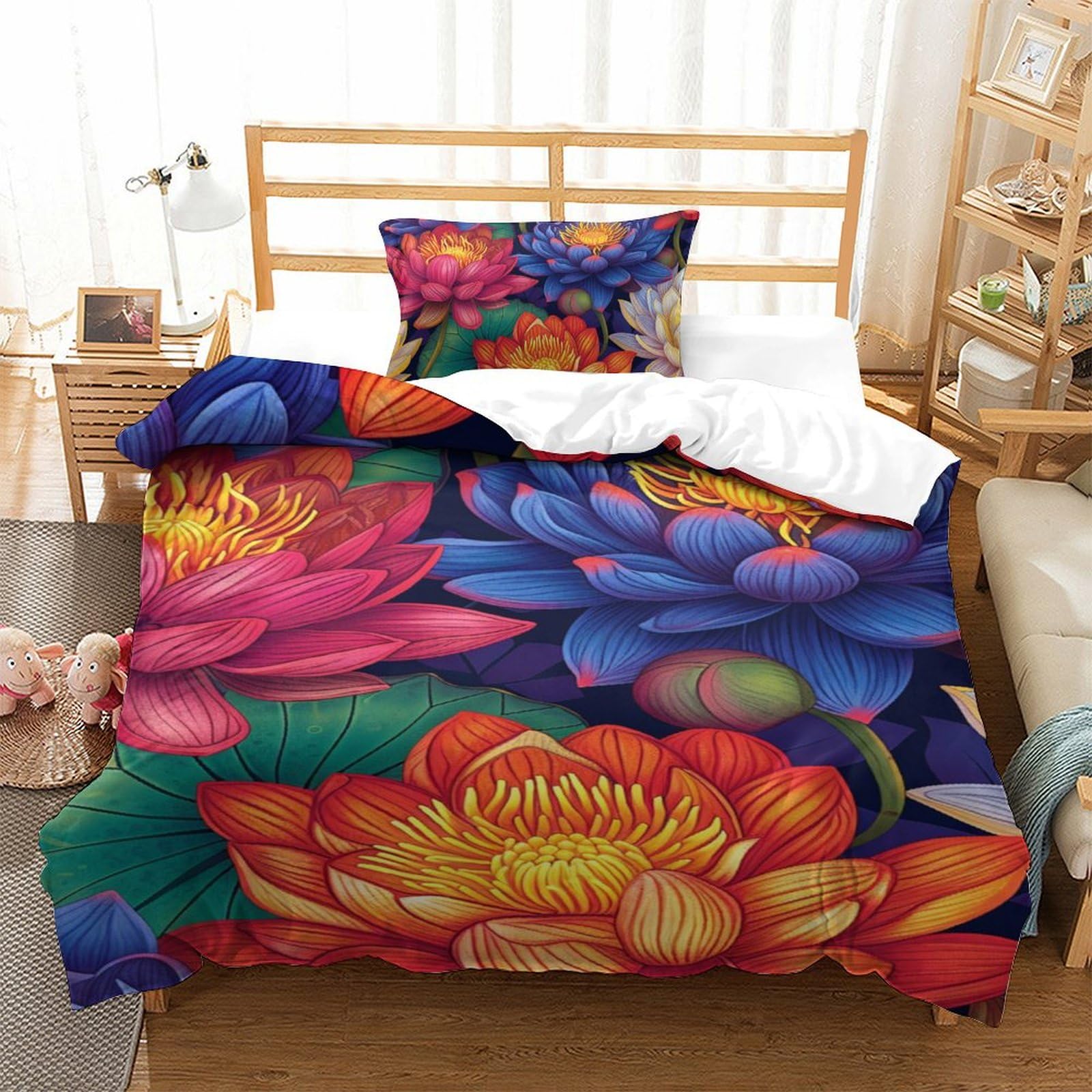 Housse de couette pour garçons et adultes imprimé fleur de lotus parure de lit 135x200
