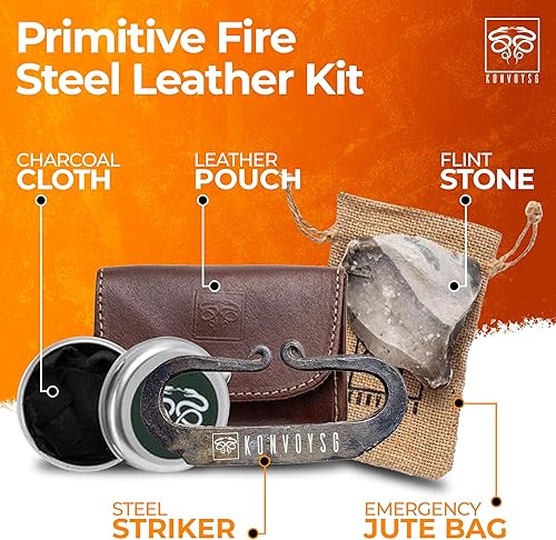Miniatura 4 de Lanzador de fuego de acero al carbono, piedra de pedernal inglesa y tela de carbonizado tradicional forjado a mano, kit de regalo de cuero con bolsa
