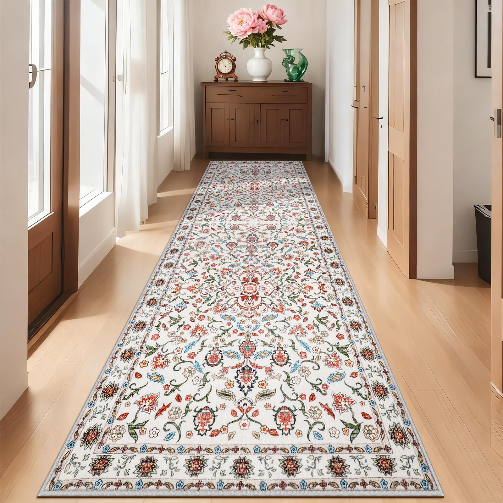 IMIYOKU Hallway Runner Rug Washable Beige Floral Carpet Runners for Hallways Non Slip 80x300cm Extra Long Runner Floor Mat for Door Kitchen Bedroom Living Room Laundry Home