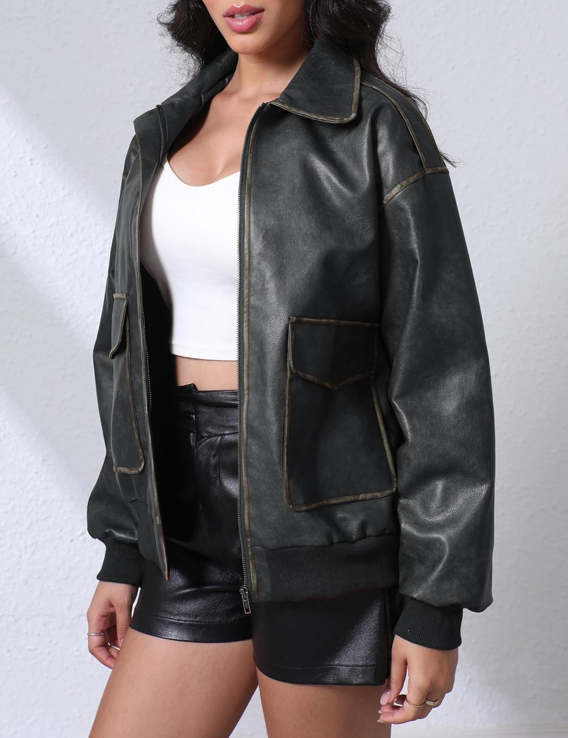 Nitzana Women's Faux Leather Jacket Trendy 2026 Oversized Zip Up Motorcycle Bomber Jacket Coats Fall Winter Outerwear - Image 3
