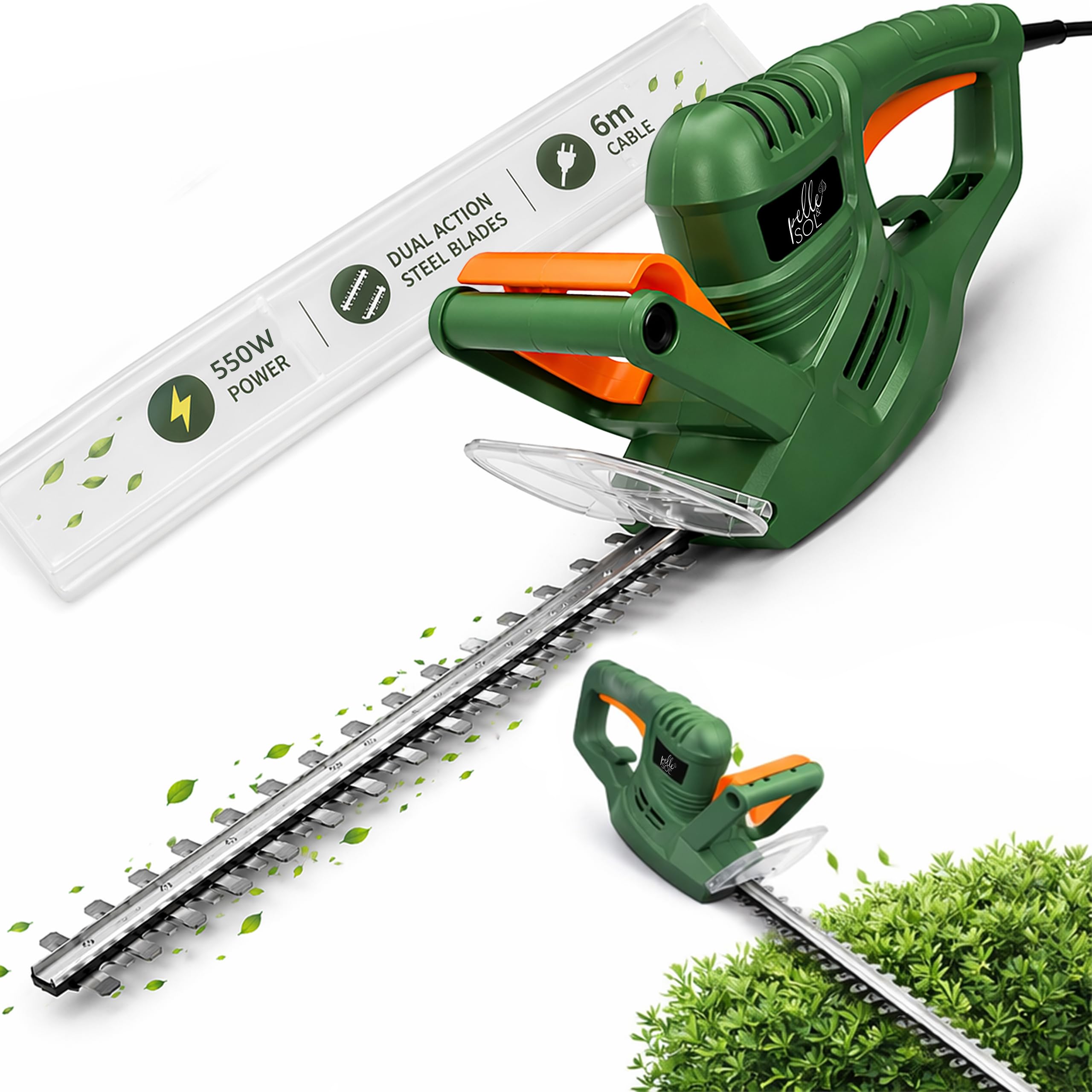 Pelle & Sol Hedge Trimmer 550W – Electric Heavy-Duty Cutter for Hedges, Branches, Shrubs, Twigs – Double-Action Blades, 10m Cable, Blade Cover, 2 Safety Switches, Ergonomic Handle
