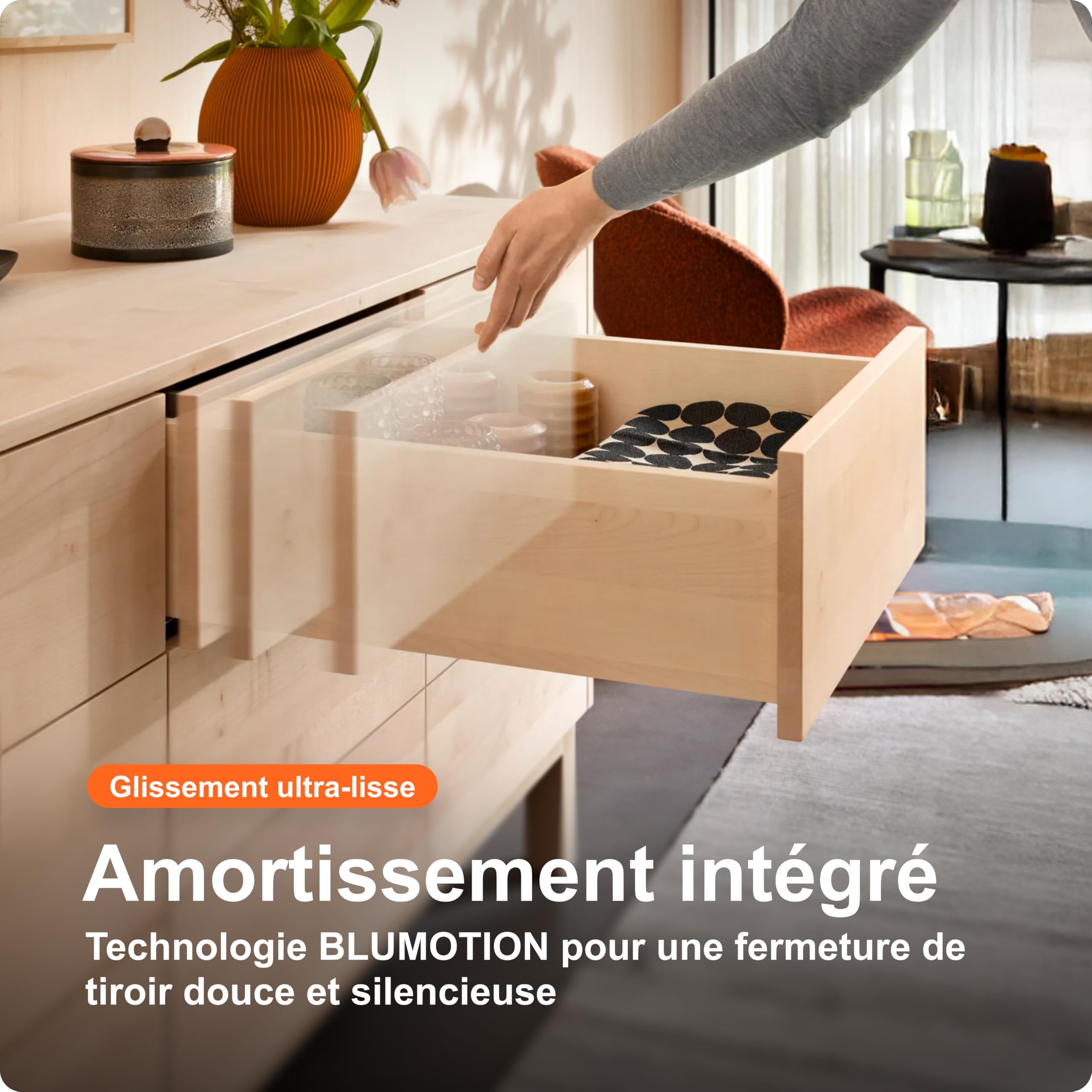 blum sortie totale Tandem 450 mm I coulisse à profil sous le tiroir invisible I sortie de tiroir Soft-close avec amortissement blumotion I sortie pour meuble de cuisine I système coulisses 1 paire