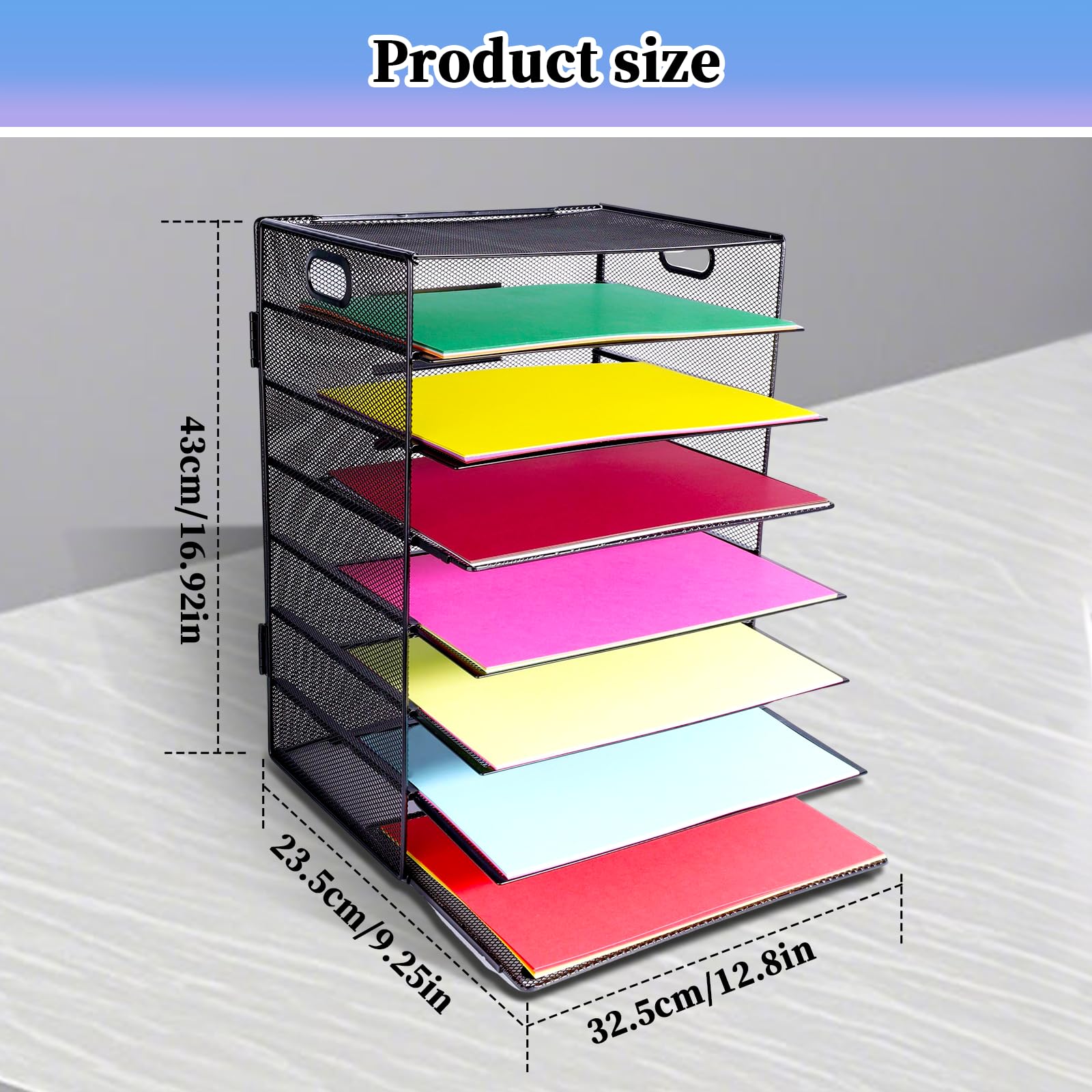 HMXLJJY 7 Tier Office Desk A4 Paper Letter Organiser Tray with Handle,Mesh Desk Organiser Letter Tray,Desktop Filing Document Trays Holders,File Storage Rack for A4 File Folder - Image 2
