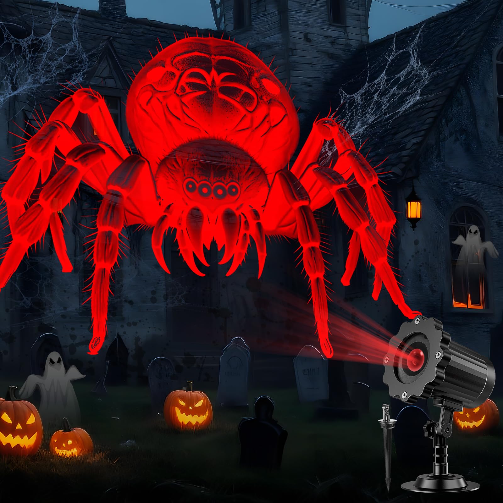 Halloween Deko Outdoor Innen,3D Dynamische Halloween Projektor, Wasserdicht LED Projektionslampe mit Roter Spinne für Wand Friedhof Fenster Garten Hof Party Deko Projector Light