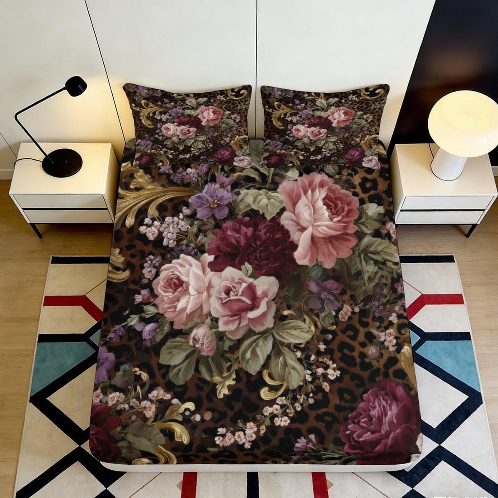3D Printed Floral Leopard Fitted Sheet Microfiber Soft Anti-Slip Bed Cover for Bedroom Guest Room Dorm Mattress Protection 140x200x25cm