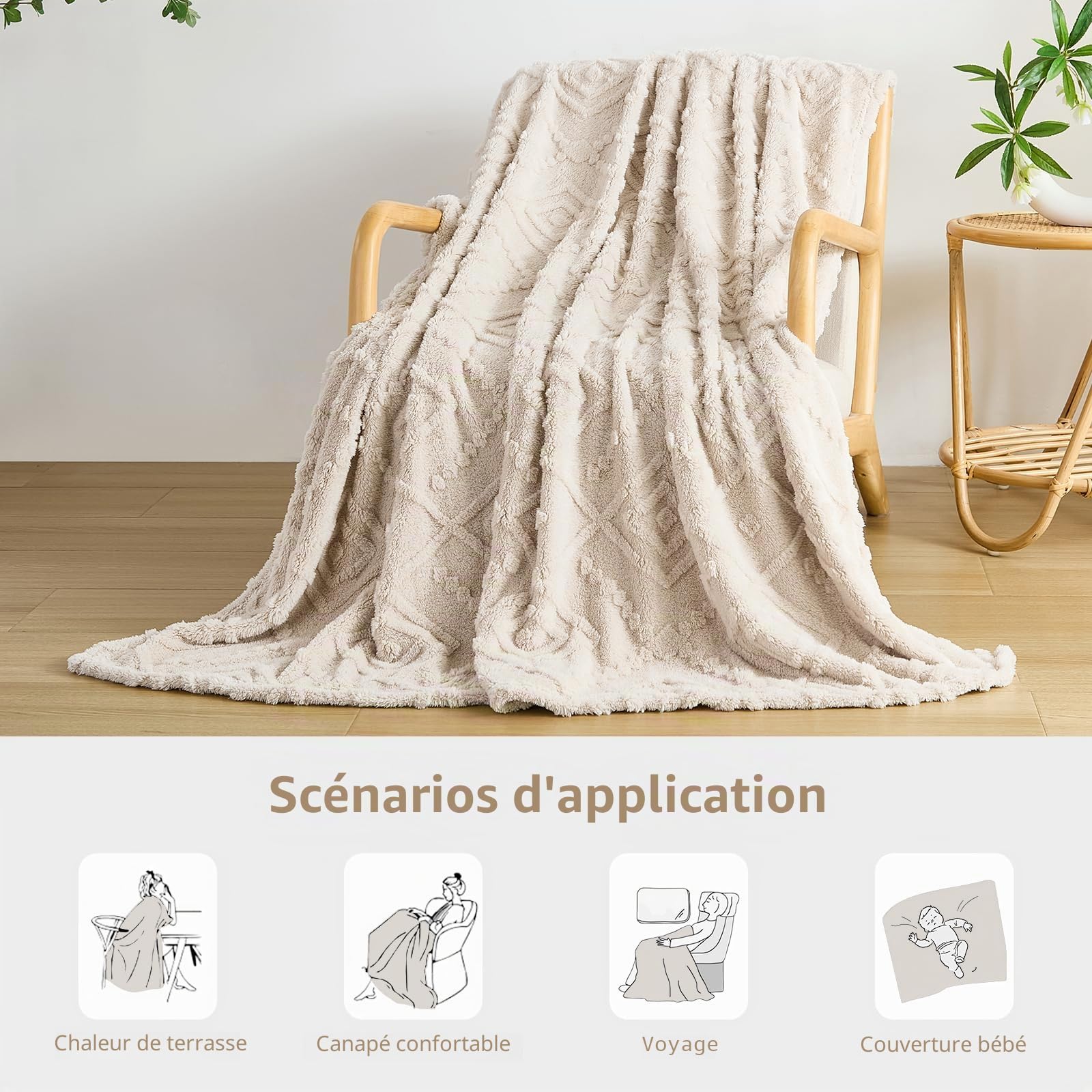 WONGS BEDDING Couverture douillette 220 x 240 cm, beige, couverture polaire chaude et douce, pour lit, canapé, bureau, fille