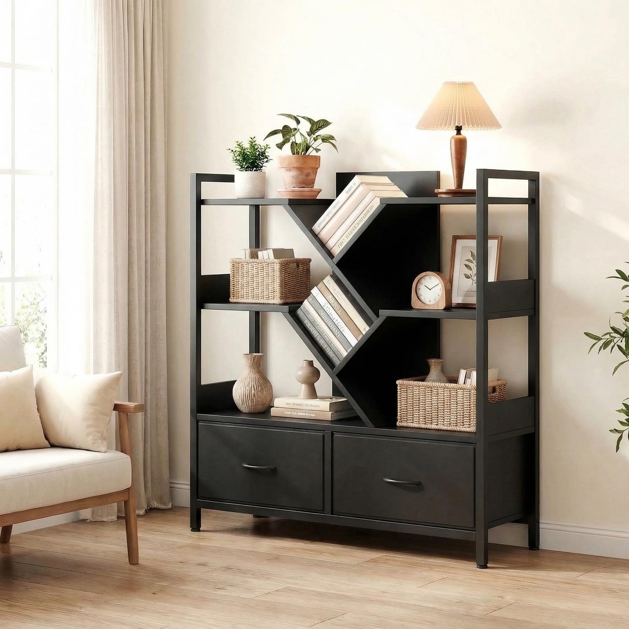 IRONCK Bücherregal mit 2 Schubladen, Baum Regal mit Rollen, Metallrahmen Standregal Würfelregal für Wohnzimmer Schlafzimmer Arbeitszimmer Büro 100x100x32cm (Schwarz)