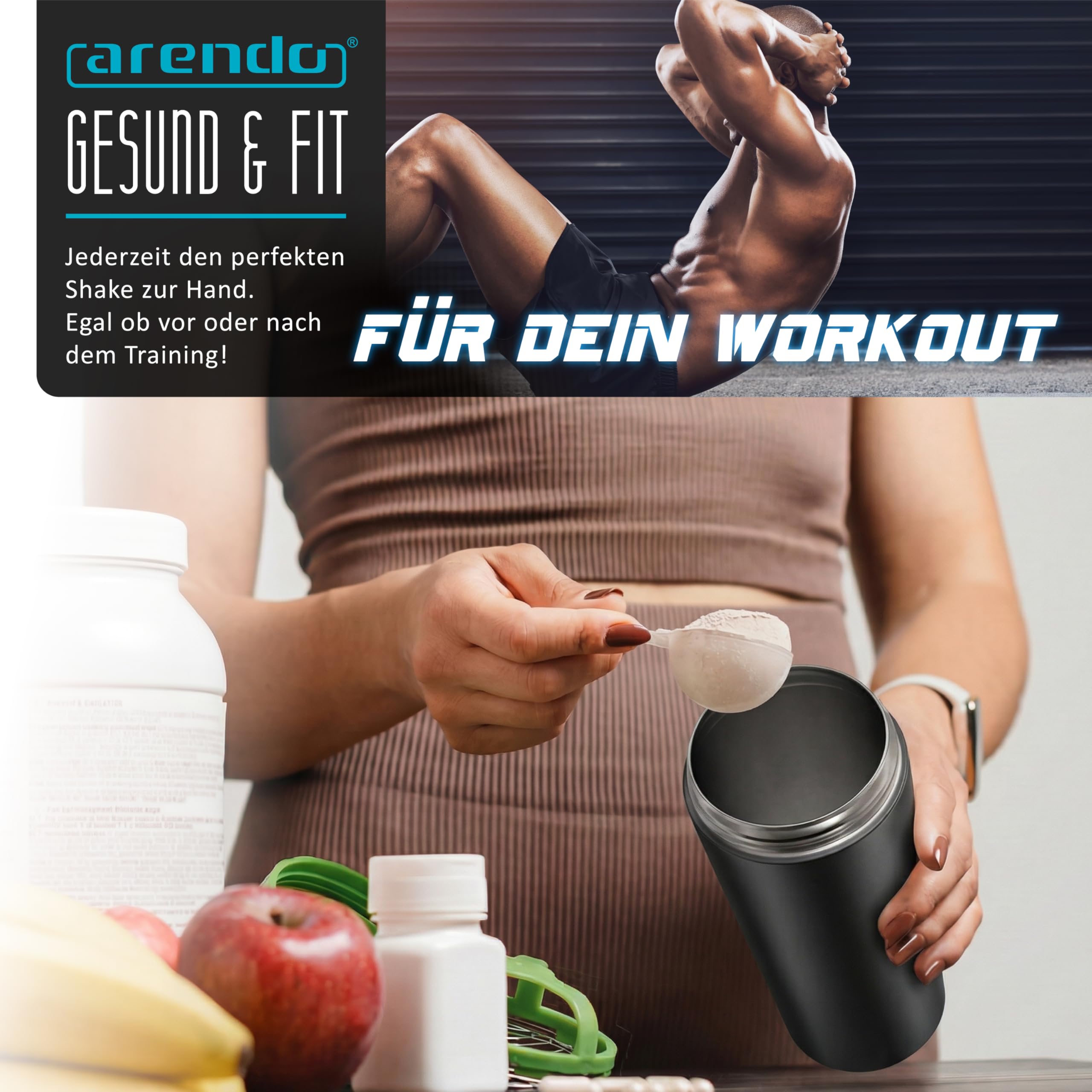 Arendo - Eiweiß Shaker Edelstahl 750ml, Protein Shaker mit Mixkugel, BPA frei, Mixbecher, Metall Premium Eiweißshaker, Tragegriff, Spülmaschinengeeignet, To Go für Yoga Fitness Sport, Schwarz - 5