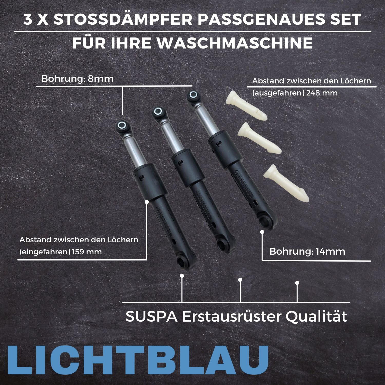 LICHTBLAU 3er Set SUSPA Stoßdämpfer 11051551 00742719 Bosch Waschmaschine | Vibrationsdämpfer 80N mit 8/14mm Bohrung Waschmaschinendämpfer