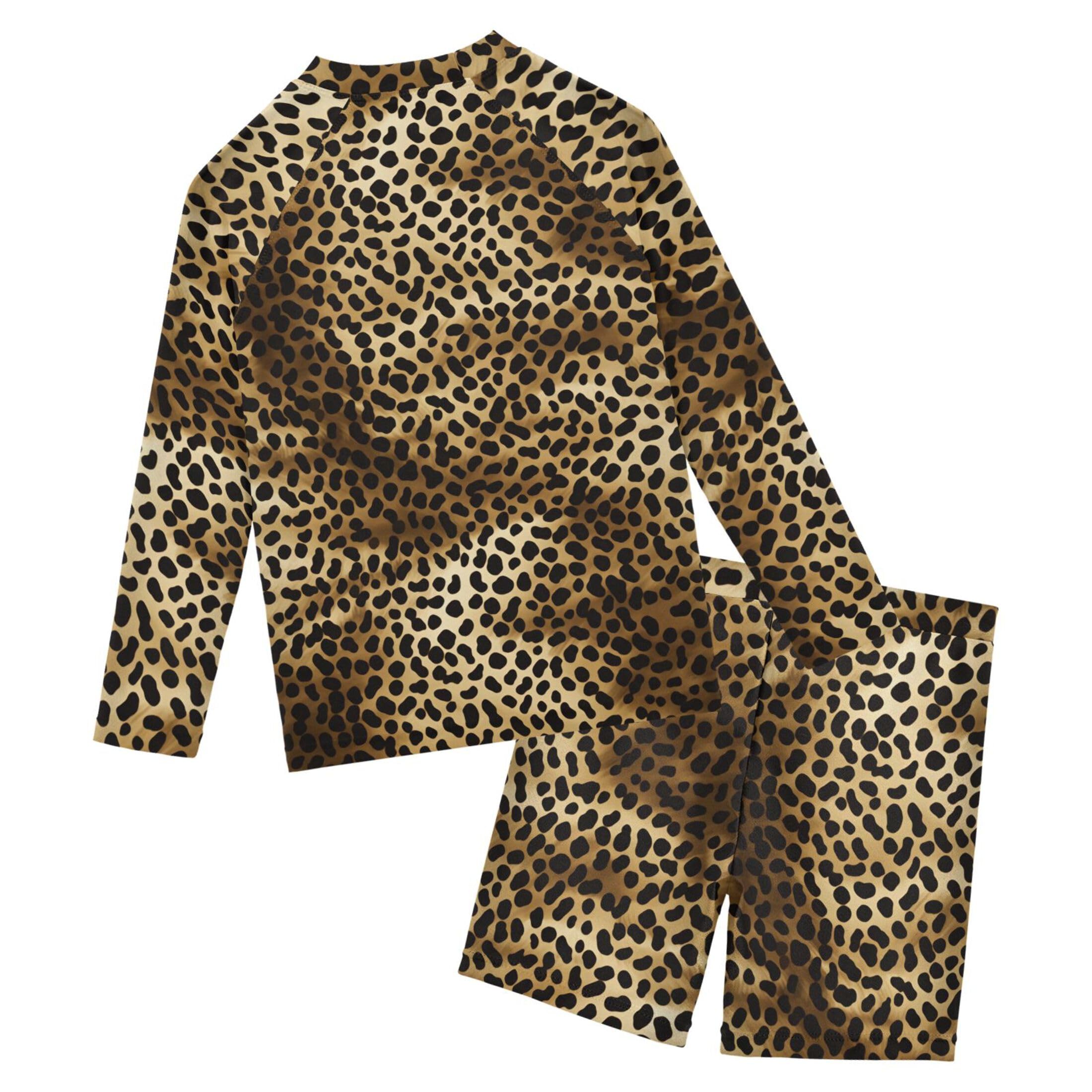 Brown Leopard Boys Rash Guard Swimsuits Set for Boys Long Sleeve Swim Shirts Bathing Suits with Trunks B0402688