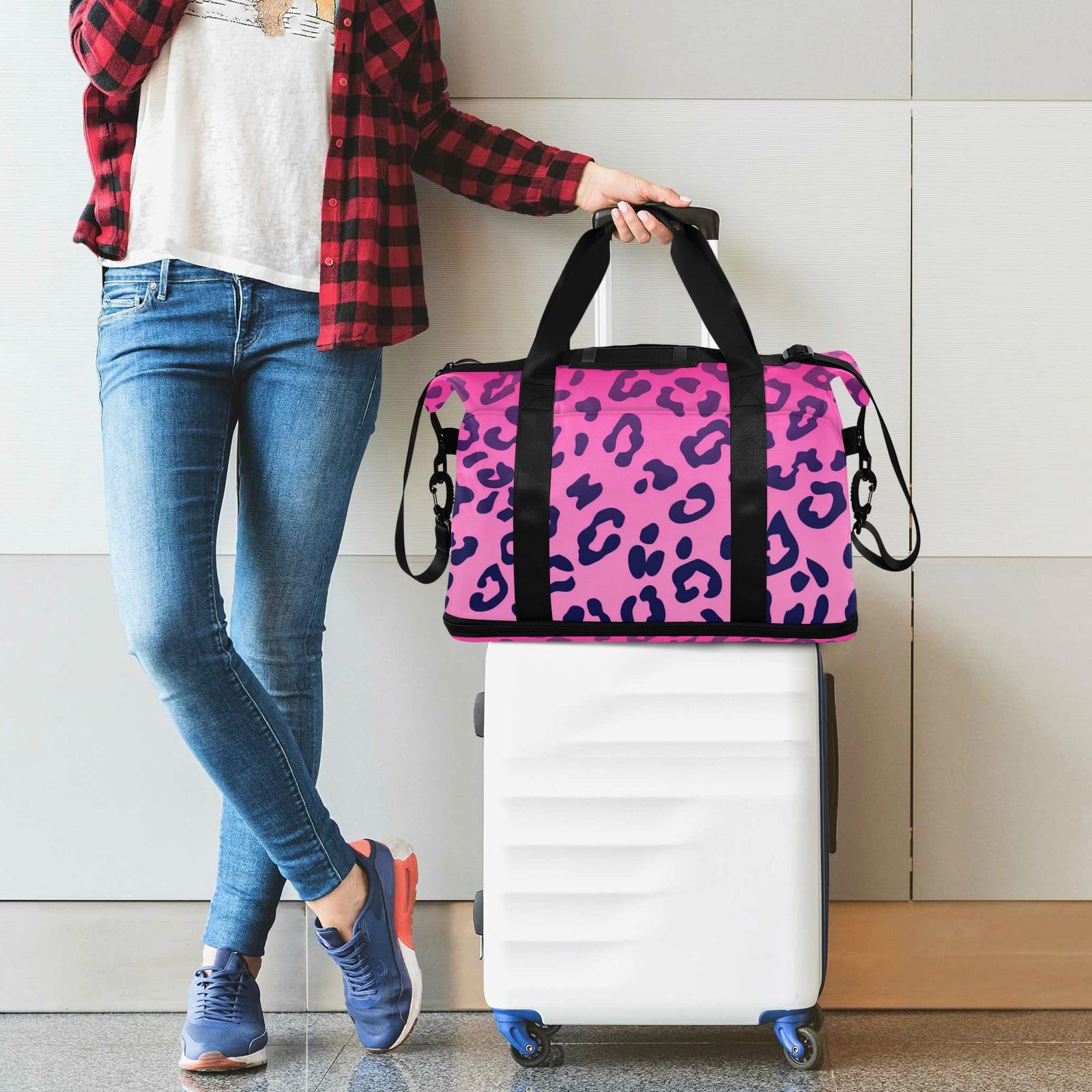 Bolsa de mano con estampado de leopardo rosa rosa con bolsillo para mojado y correa ajustable, bolsa de entrenamiento para yoga, impermeable, para hombres y mujeres