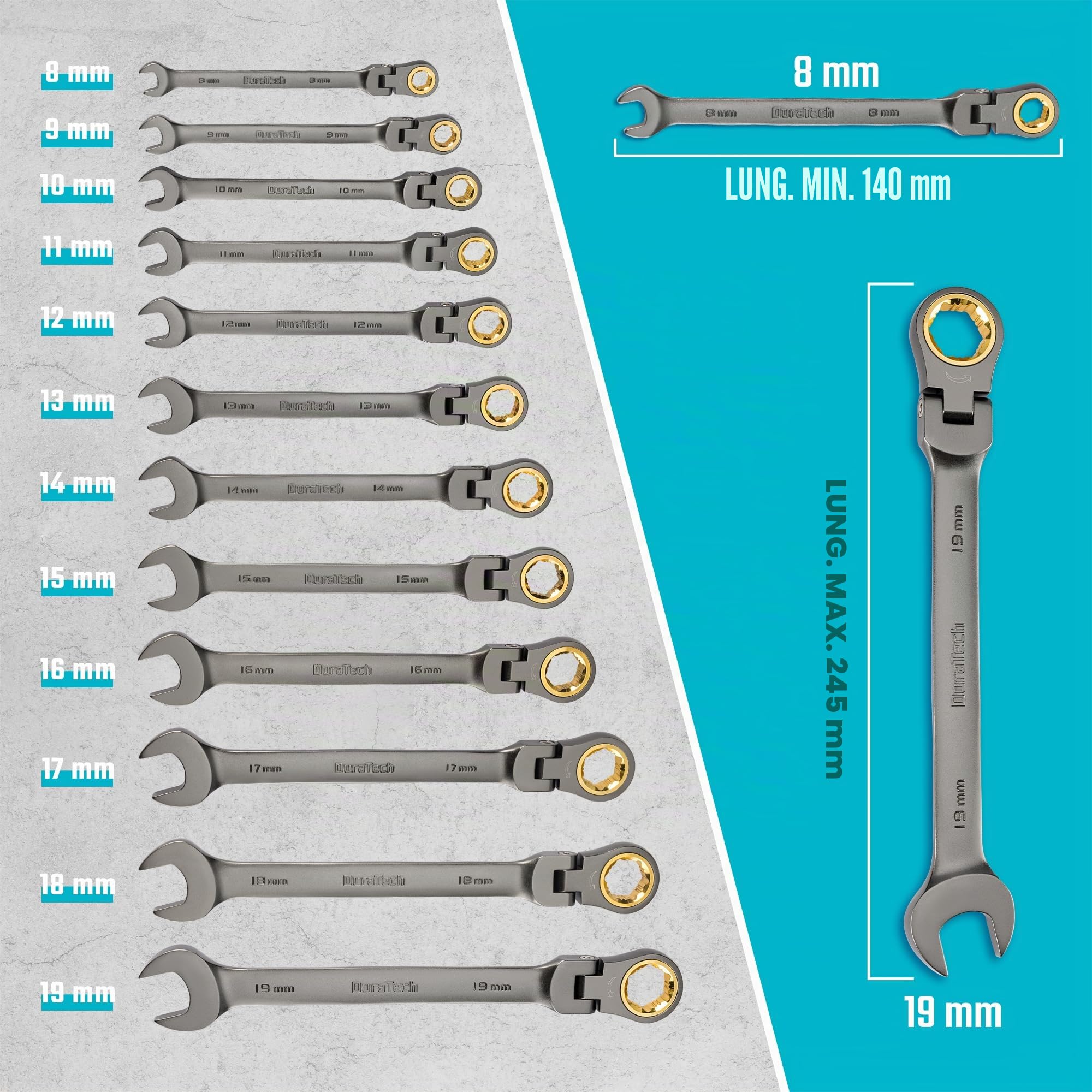 DURATECH Set di chiavi a cricchetto con testa flessibile antiscivolo, set di chiavi combinate, 12 pezzi, 72 denti, metrico, 8-19 mm, acciaio CR-V, organizzato in valigetta di stoccaggio