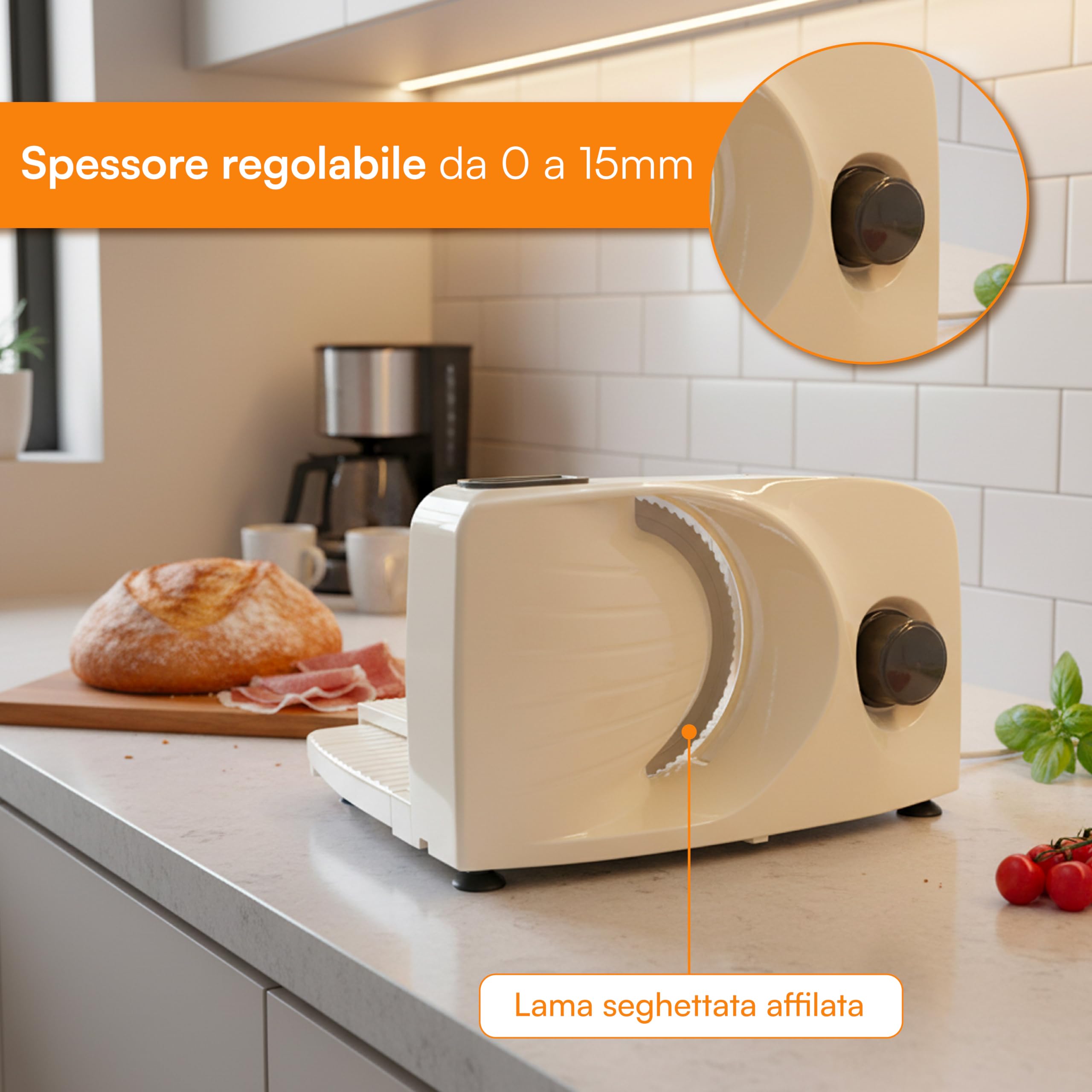 Baroni Home Affettatrice Elettrica Pieghevole con Lama Seghettata Removibile, Spessore Regolabile 0-15 mm, Ventose Antiscivolo, Compatta Richiudibile, per Salumi, Pane, Carne e Verdure