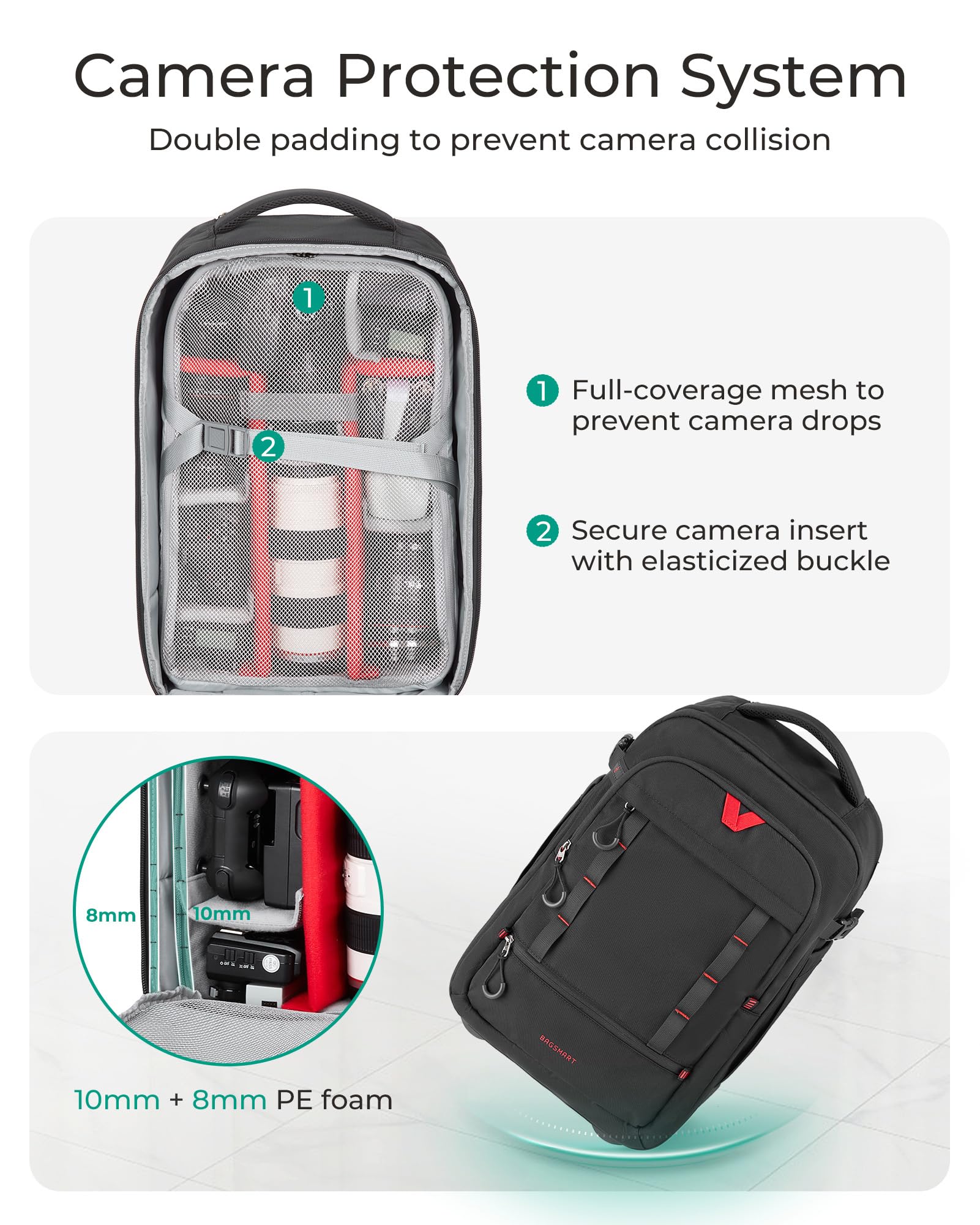 BAGSMART Rolling Camera Bag for DSLRs, Professional Large Camera Backpacks for Travelling Photographers, Photographic Rolling Case & Travel Suitcase, Black