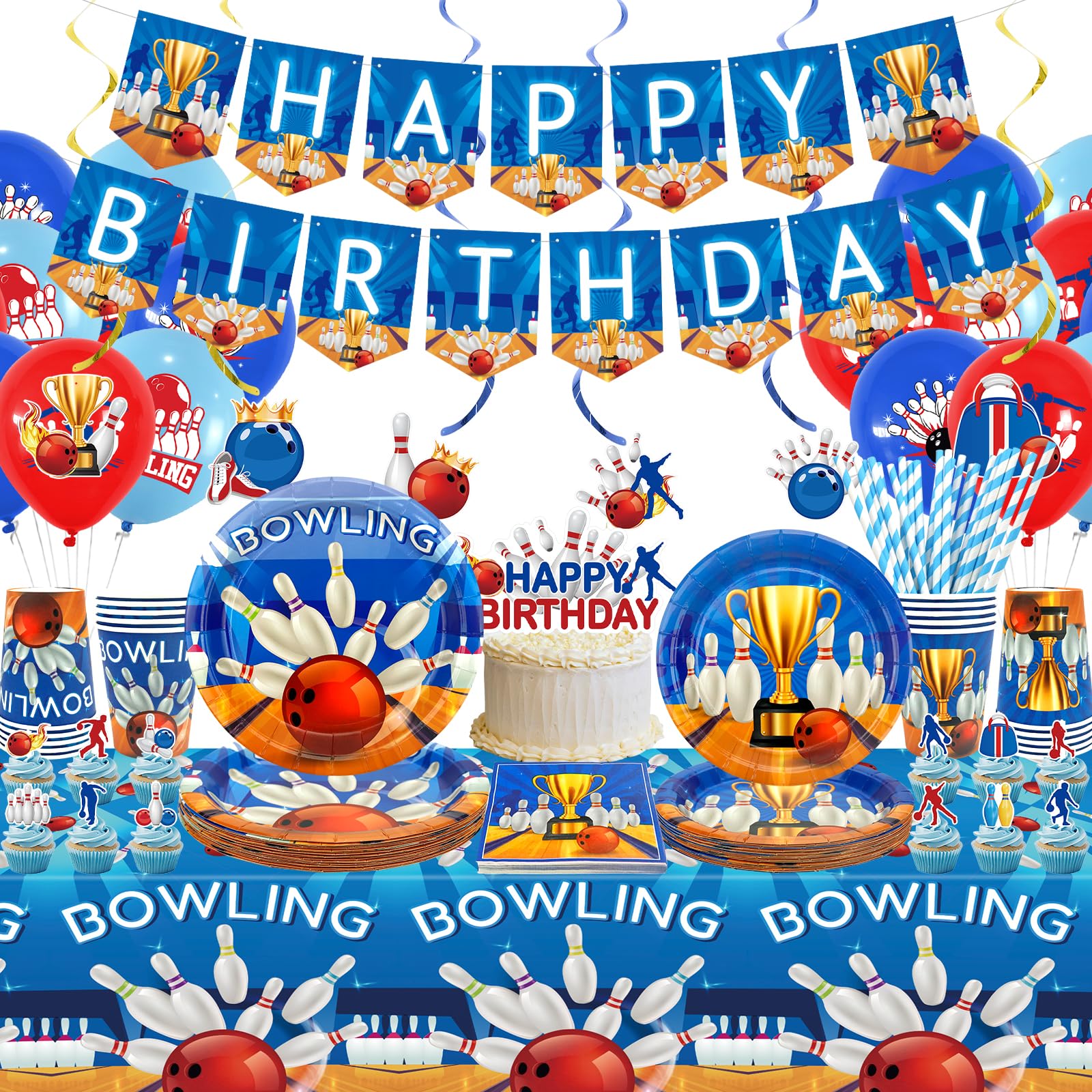 Obussgar Bowling Birthday Party Decorations - Bowling Party Supplies including Banner, Plate, Cake Topper, Cup, Napkin, Balloon, Tablecloth - Serves 20 (LQ)