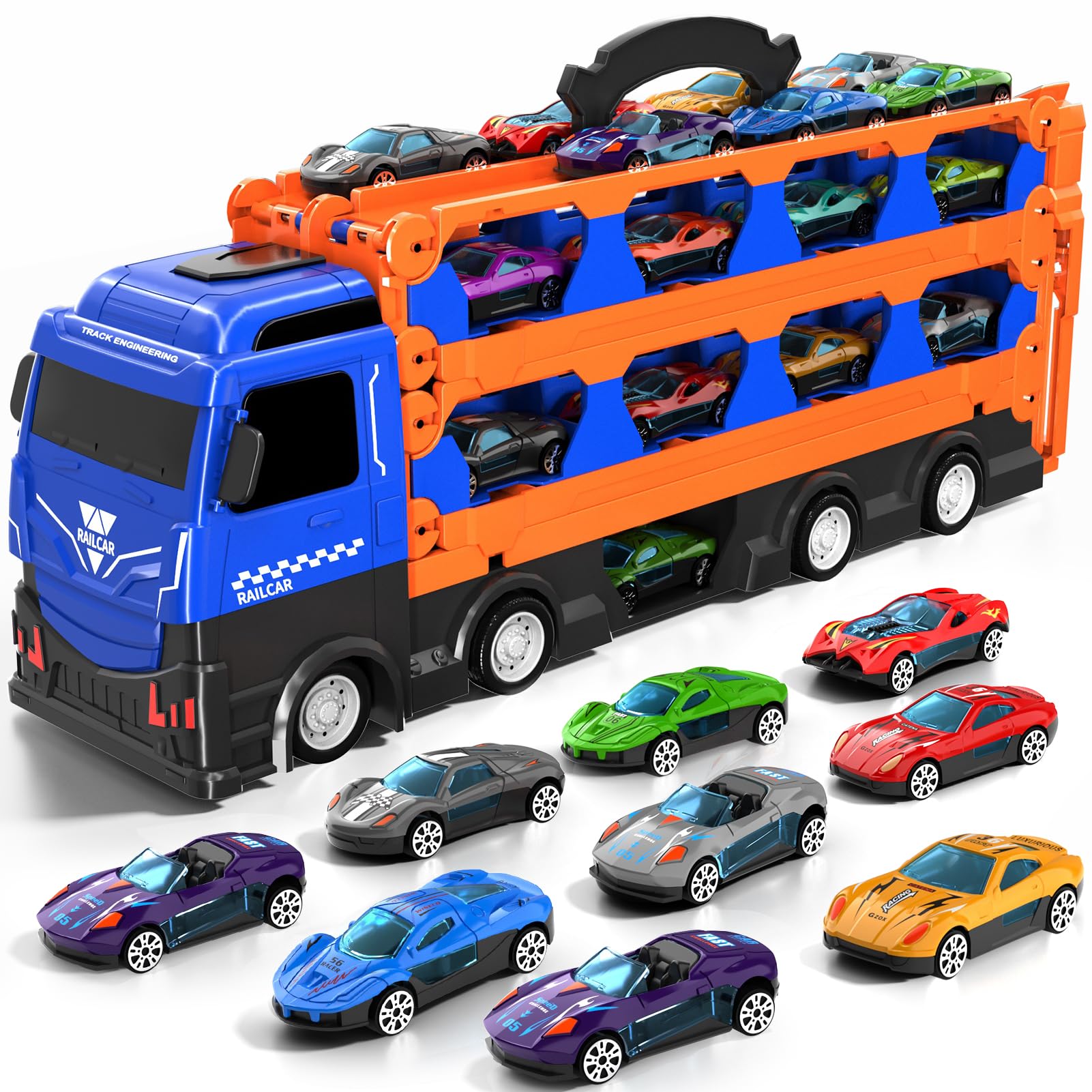 Ci Vetch Juguetes de camiones de 78 pulgadas para niños de 2 a 4, 3 a 5, 4 a 7 años, camión de transporte con 24 autos fundidos, juguetes de regalo para niños de 3, 4, 5, 6 años, juguete para niños de