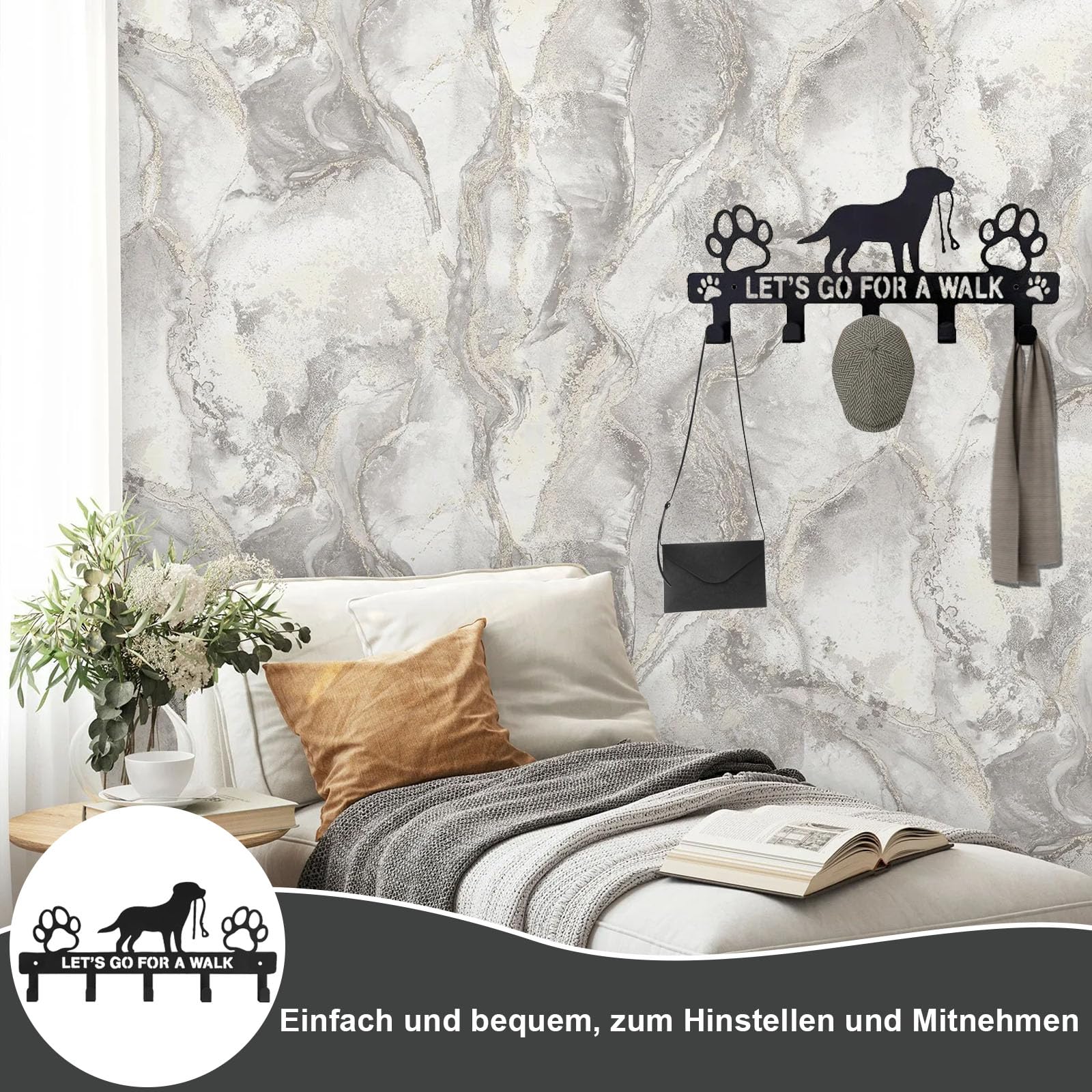 CAAGGMM Schlüsselhalter Wand Mit 5 Haken - Hundeleinen Organizer Für Garderobe