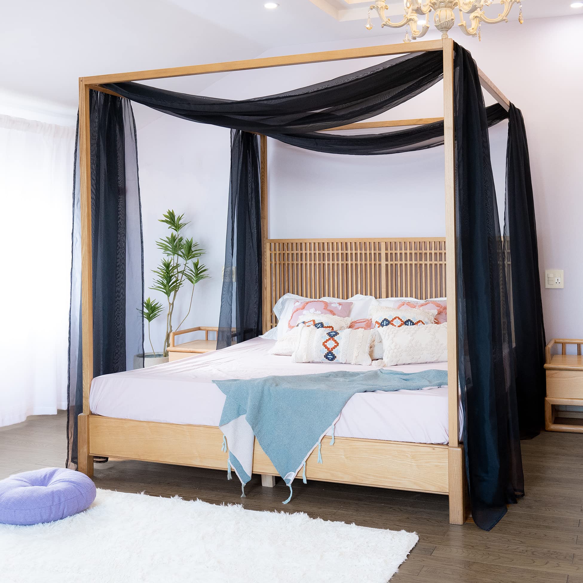 Linentalks Black Canopy Bed Curtains for Queen & Full Size, Sheer Drapes for Four Post Bed 1 PC 52X228 Inches - Image 3