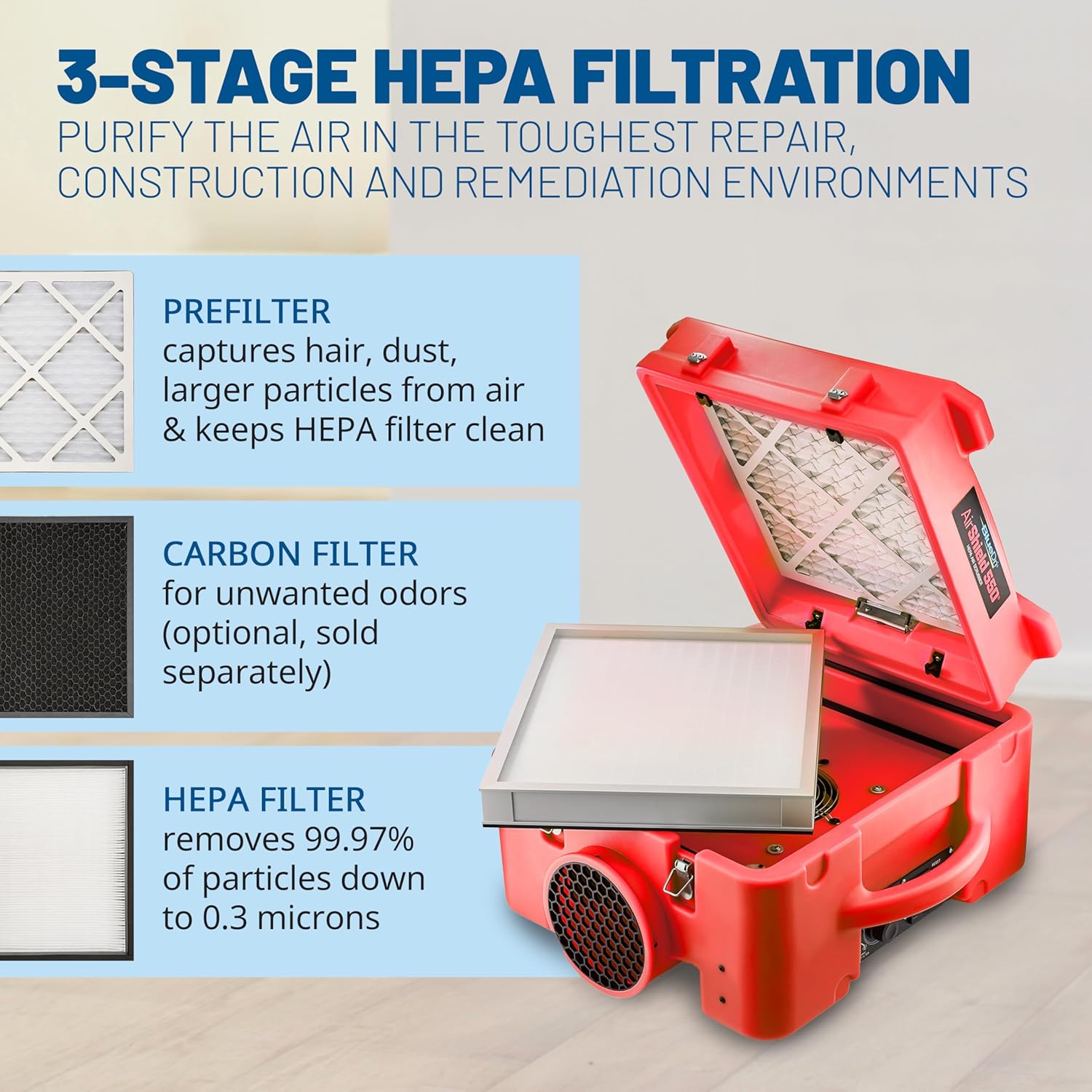 BlueDri Air Shield 550 HEPA Air Scrubber, Water Damage Restoration Equipment Air Purifier, Covers 1400 Sq. Ft, Daisy Chain Capable, For Commercial Use, Red, BD-AS-550
