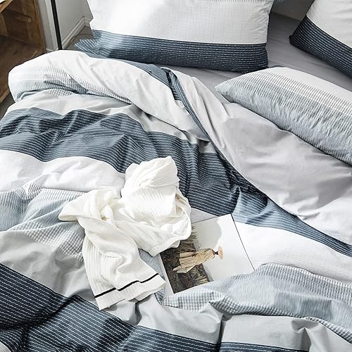 Miniatura 5 de OREISE Juego de funda de edredón tamaño King 100% algodón, suave, gris, azul, blanco, estilo a rayas, 3 piezas (1 funda de edredón + 2 fundas de