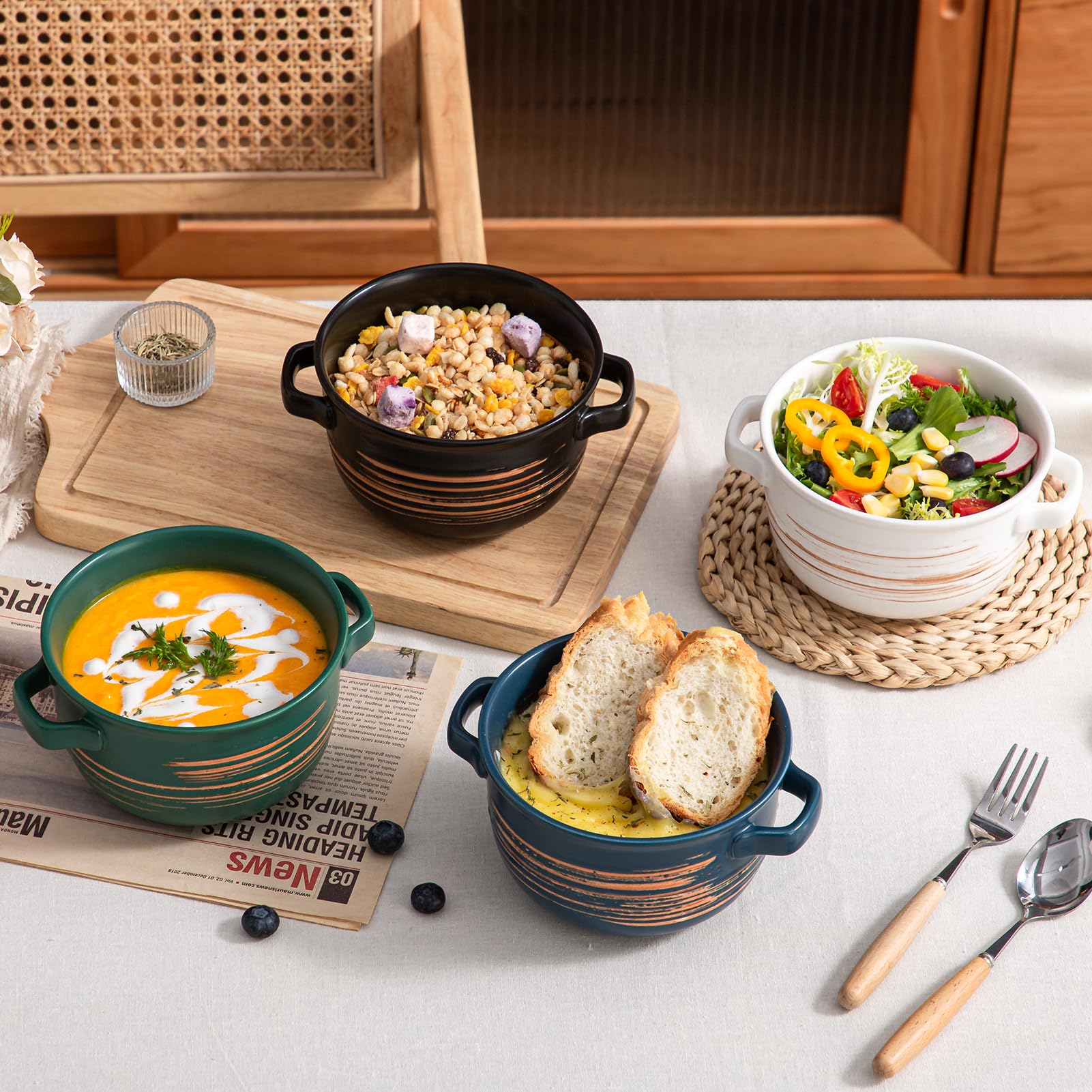 YUN TAO Juego de 4 cuencos de sopa con asas, cuencos de cerámica para sopa de cebolla francesa de 32 onzas para sopa, cereales, chile, guiso de res, pasteles de olla, horno, microondas y lavavajillas