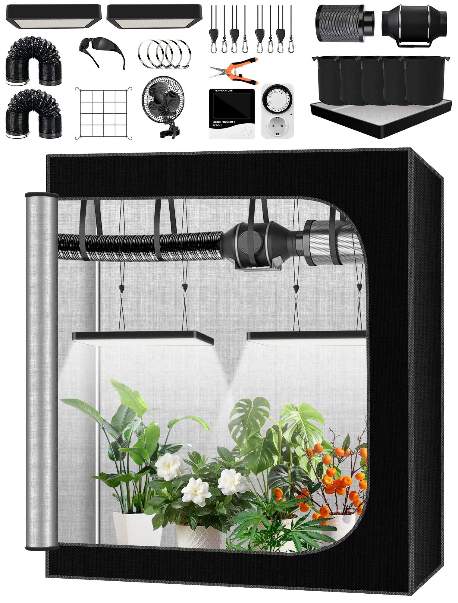 Kit Complet de Tente de Culture, boîte de Culture 60 x 120 x 180 cm, système de Tente de Culture avec Lampe de Culture LED 2 x 100 W, Ventilateur Automatique 4 Pouces, Filtre à Charbon et Ventilateur