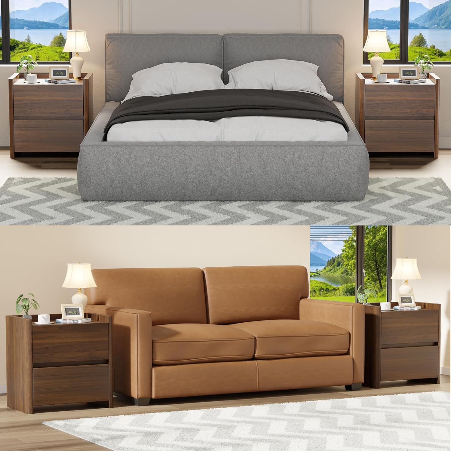 Nightstand with 2 Storage Drawer, Modern End Table for Bedroom with Cut-Out Handle, Large Night Stands for Bedroom, Home Office, Set of 2, Walnut